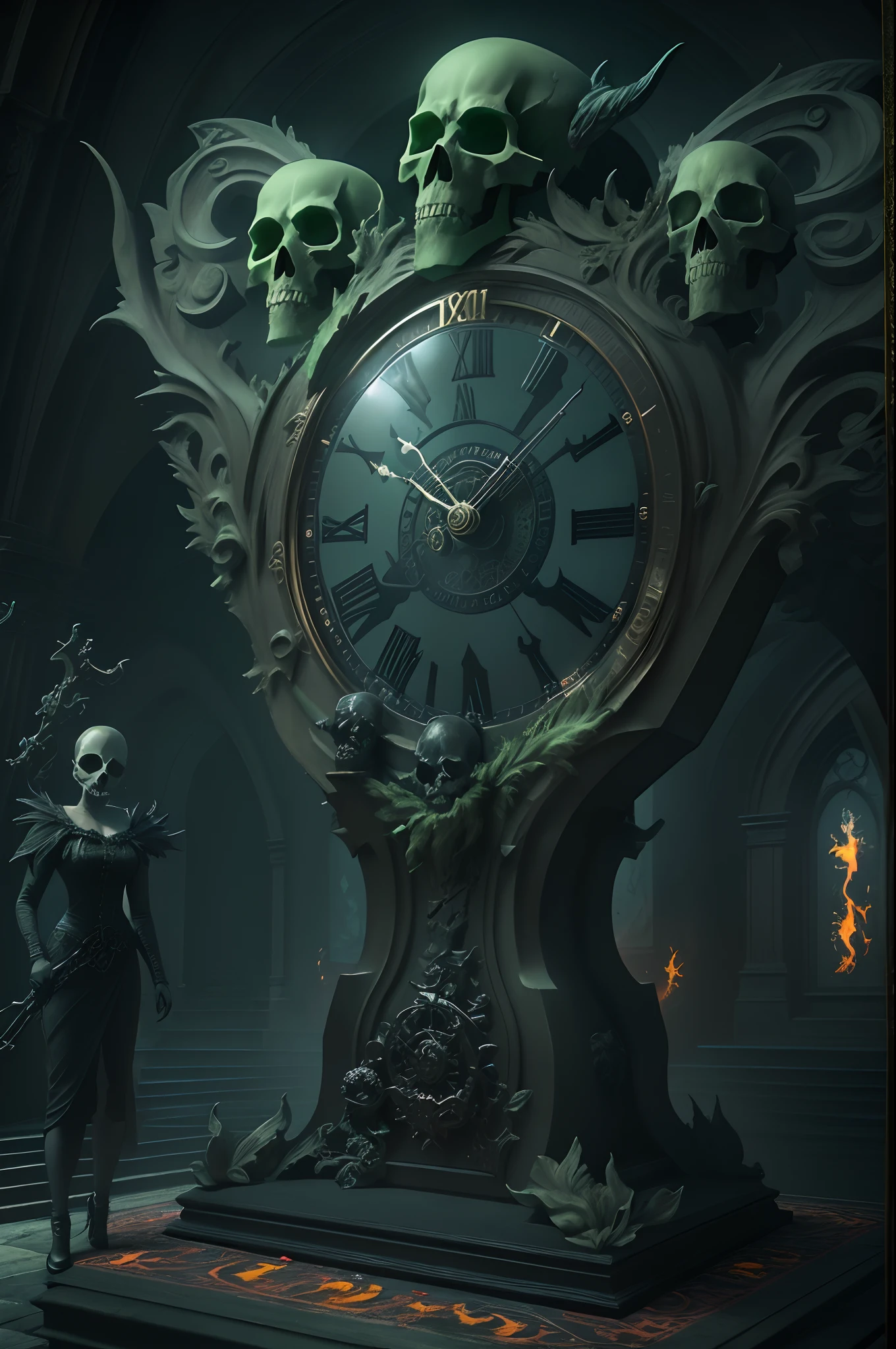 Prompt: giant pendulum clock supported by demon sculptures, 3D game asset, death-themed art, skull pendulum, green phosphorescent fire, hellish landscape, detailed demon figures, Gothic architecture, ornate clock face, dark and ominous ambiance, (sinister, foreboding atmosphere:1.1), high-quality 3D rendering, eerie green lighting, (best quality,4k,8k,highres,masterpiece:1.2),ultra-detailed,(realistic,photorealistic,photo-realistic:1.37), intricate stonework, surreal fantasy art, digital game art