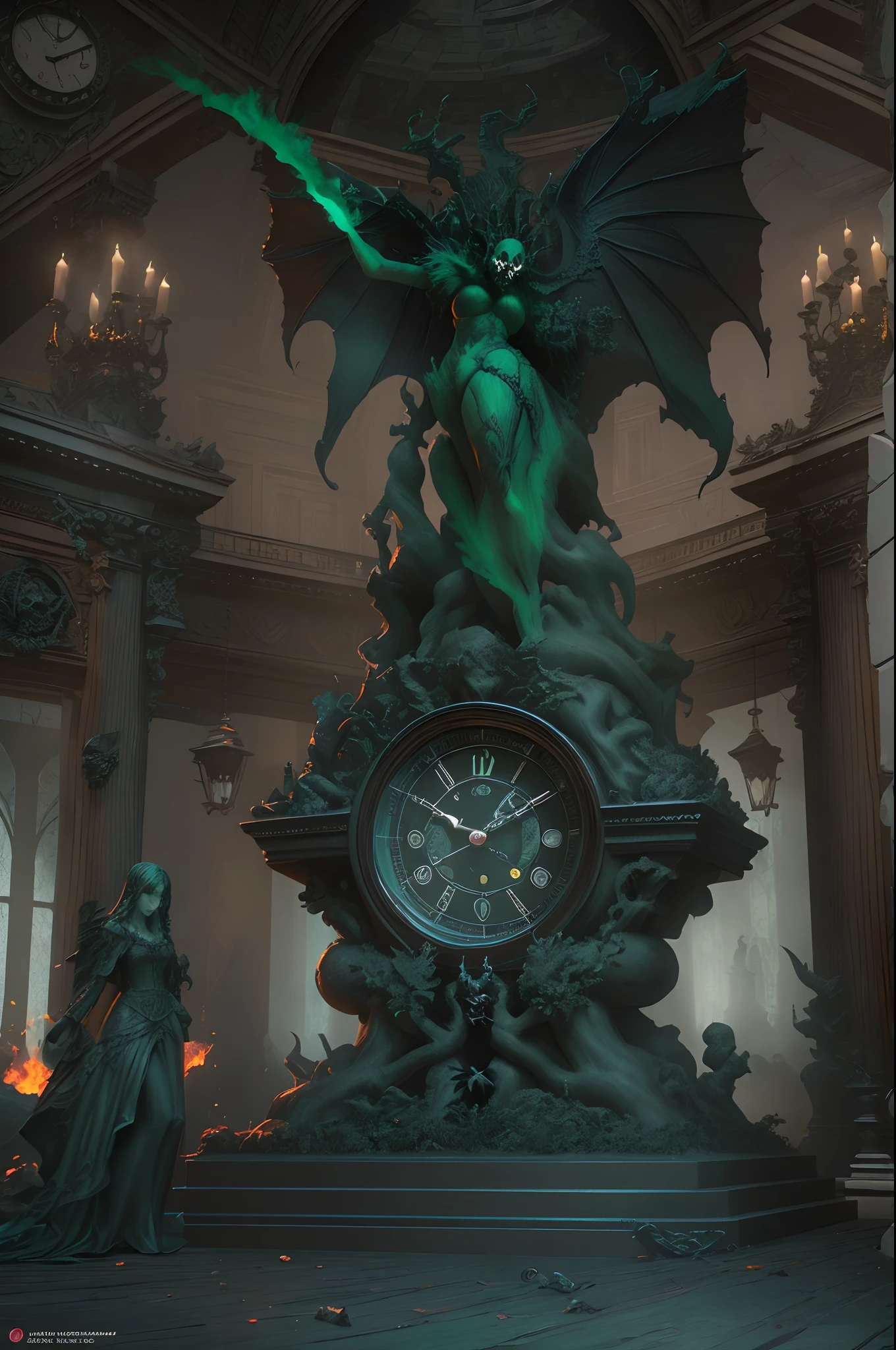 Prompt: giant pendulum clock supported by demon sculptures, 3D game asset, death-themed art, skull pendulum, green phosphorescent fire, hellish landscape, detailed demon figures, Gothic architecture, ornate clock face, dark and ominous ambiance, (sinister, foreboding atmosphere:1.1), high-quality 3D rendering, eerie green lighting, (best quality,4k,8k,highres,masterpiece:1.2),ultra-detailed,(realistic,photorealistic,photo-realistic:1.37), intricate stonework, surreal fantasy art, digital game art
