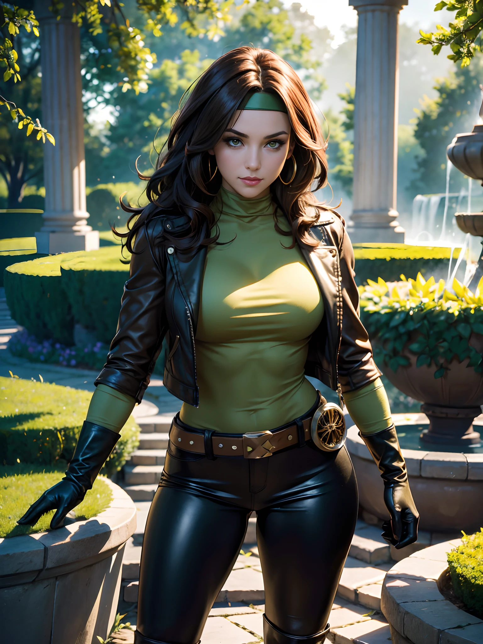 (masterpiece:1.0), (best_quality:1.2), Classic Rogue, X-Men, 1girl, Only, full body view, facing the viewer, hand on hips, legs parted, elegant stance, medium length hair, brown hair with one white stripe of hair, wavy hair, messy hair, green headband, green eyes, gold earrings, mischievous look, parted lips, fit figure, medium to large breasts, lipstick, makeup, brown leather jacket, belt, brown skin-tight skirt, open jacket, brown knee-high boots, green tshirt, yellow gloves, yellow scarf, Looking at the Viewer, sunlight, sunrays, light source from the side, (realism: 1.5), (Realistic: 1.4), (Absurdity:1.4), 8k, ultra-detailed, Detailed Beautiful Woman, (only:1.4), 1girl, background of foggy garden, stone pathways, stone steps, 1 water fountain, wisteria, official art, extremely detailed CG unity 8k wallpaper, perfect lighting, Colorful, ultra high res, photography, 8K, HDR, Kodak portra 400, film grain, blurry background, (bokeh:1.2), (vibrant_color:1.2), professional photograph