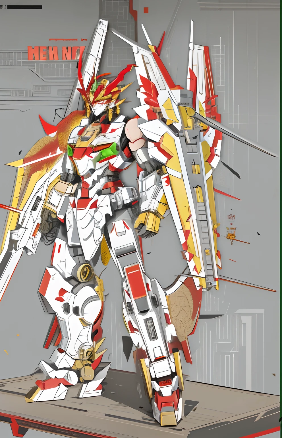 There are tank and aircraft features,mechs,succinct,Handsome,Domineering,China-style,The cannon is mounted on a robotic arm,back,decolletage,The propeller acts as wings on the back,The robot is red as the main body,There is a small amount of yellow rendering,Dragon element