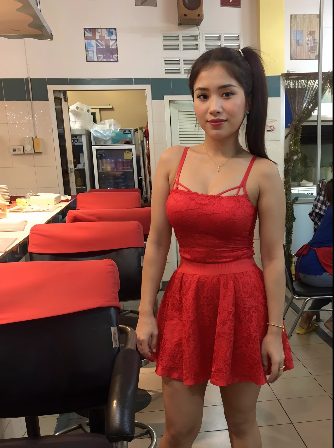there is a woman standing in a restaurant wearing a red dress, wearing red dress, 2 7 years old, 2 9 years old, 21 years old, 2 2 years old, 2 3 years old, 2 8 years old, (38 years old), 2 4 years old, 30 years old woman, 3 0 years old woman, 18 years old, big breasts, no clothes