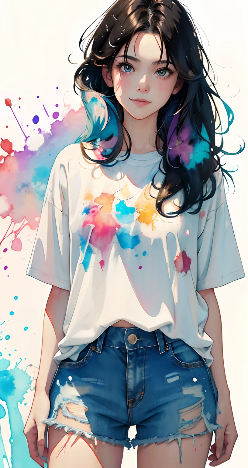 Splatter backgrounds and spray paint effects, by Adam Hughes, White t-shirt and jeans shorts, Upper body center, multi color hair,Teary-eyed, Big happy smile, Watercolor art, Watercolor painting, watercolor painting style, watercolor detailed art, watercolor digital painting, Watercolor Paint, Superbly detailed watercolor, Watercolor art，A Japanese Lady，18year old, Long hair,A dark-haired