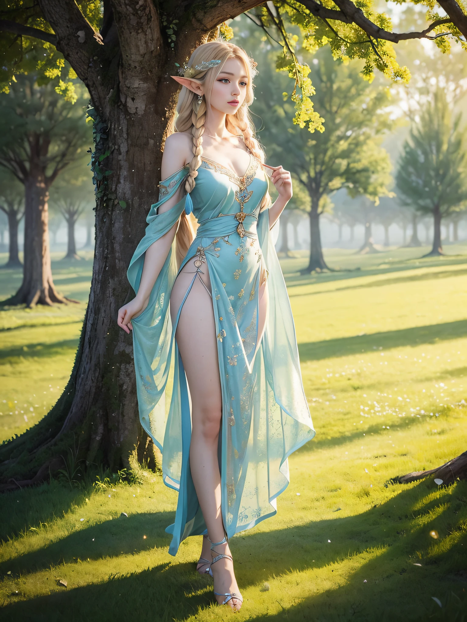 Graceful elven girl standing in meadow, Delicate face illuminated by the soft light of the setting sun. Her long, Flowing hair runs down your back, Decorated with intricate braids、Adorned with sparkling gemstones. This great photo is、、、It captures the ethereal beauty of elves. Slender figure in silk dress、Swaying in the soft steppe breeze. Attention to detail、Face that is、Face that is、Face that is、Face that is、It is evident in the intricate patterns of the dress and the subtle highlights of the luminescence. skin. The breathtaking portrayal of the elven girl is、、、、、Create an enchanting atmosphere、It invites the viewer to a magical world.