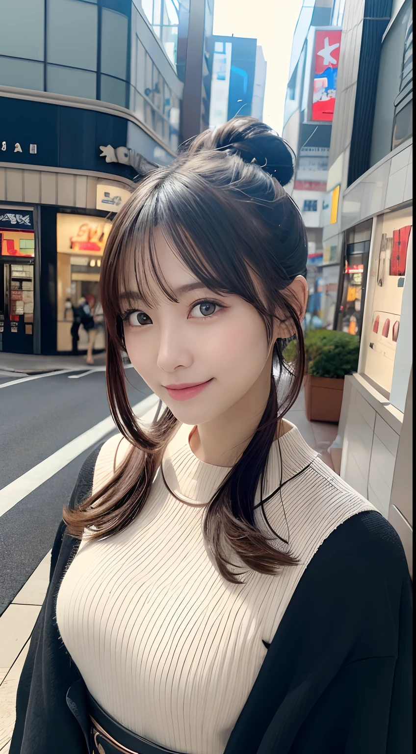 masutepiece, Best Quality, Illustration, Ultra-detailed, finely detail, hight resolution, 8K Wallpaper, Perfect dynamic composition, Beautiful detailed eyes, Women's Fashion Winter Clothing,Bun hair,Small breasts natural color lip, Bold sexy poses,Smile,Harajuku、20 years girl、Cute、You look sexy at the camera,Raw photo,Kamimei,Shooting you from above
