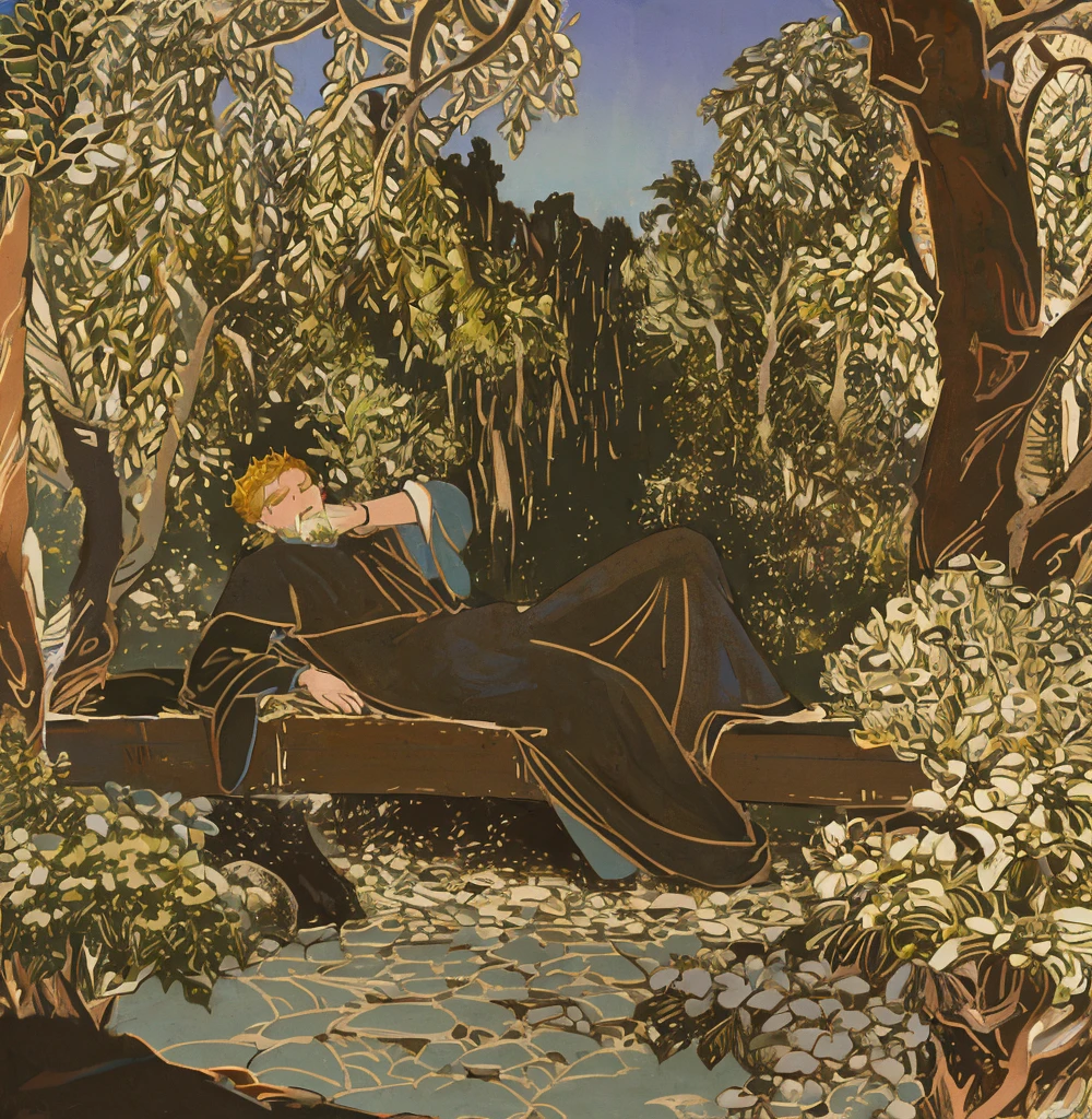 A high resolution,A king rests on a stone bed in a park, Inspired by Jean-Paul Lawrence, tonalism illustration,