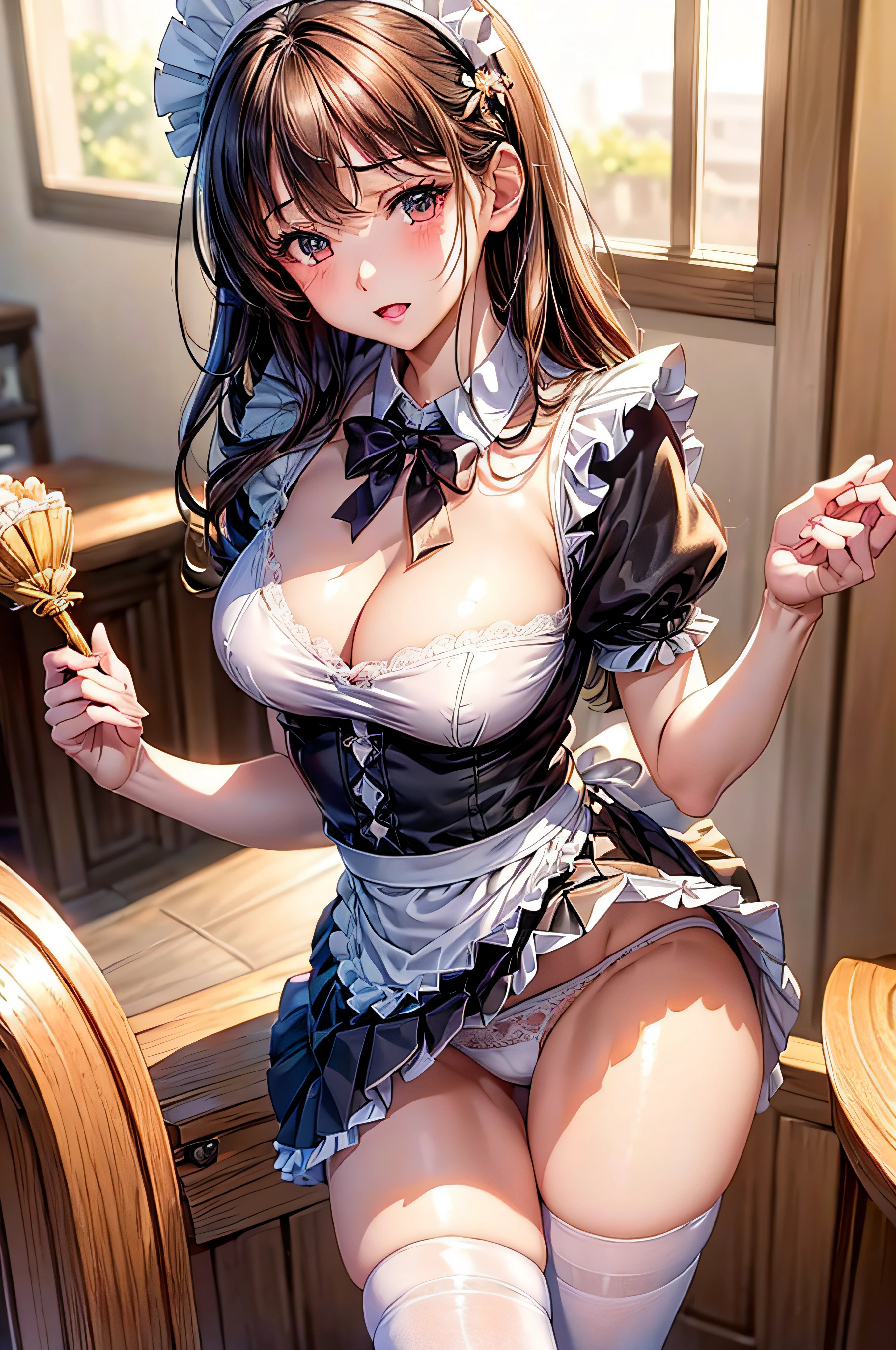 (1girl in), Long Wave Hair、dark brown hair, Amazing face and eyes,(natural make up)、(Brown eyes), medium large breasts、(High school uniform with wide open chest:1.1)、bared chest, (amazingly beautiful girl), Styryshka Chusha、Ruffle style costumes, (Maid Cafe Costume, Pleated mini-skirt:1.5), (Best Quality:1.4), (Ultra-detailed), (extremely detailed CG unified 8k wallpaper), ((Stylish maid café)), Maid Cafe Popular Staff, (White lace panties:1.2),
