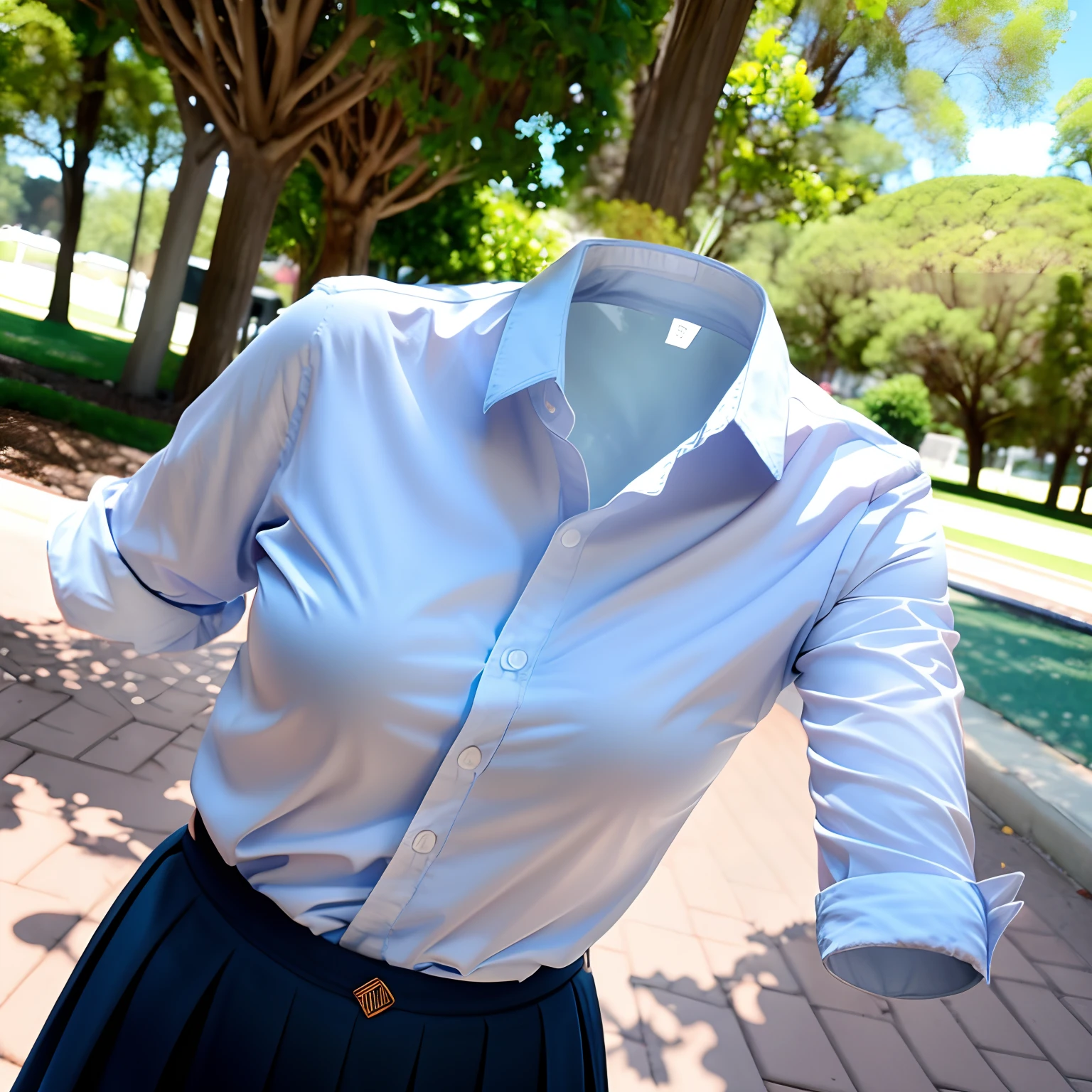 school blouse, navy blue skirt, leggings, in park, (invisible:1.7, no humans:1.7, headless:1.7, faceless:1.7), (cute big breasts), (close-up shot of breasts:1.6), (8k, RAW photo, best quality, masterpiece:1.2), (realistic, photo-realistic:1.37), photon mapping, radiosity, ((Hasselblad photography)), physically-based rendering