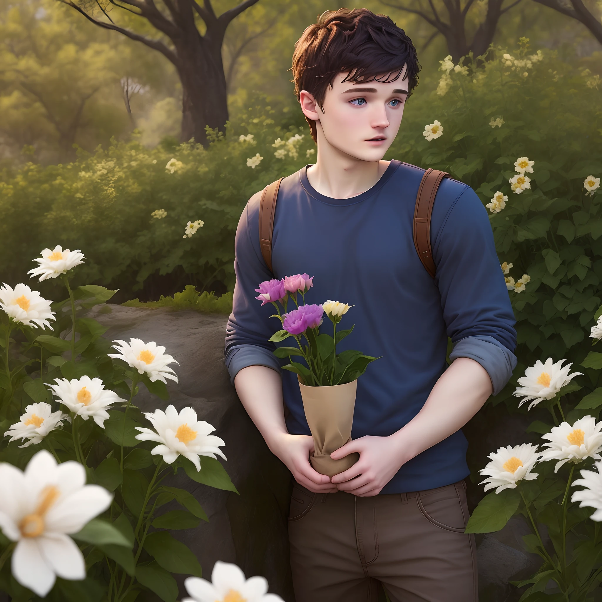 Josh hutcherson, admiring a flower he's holding
