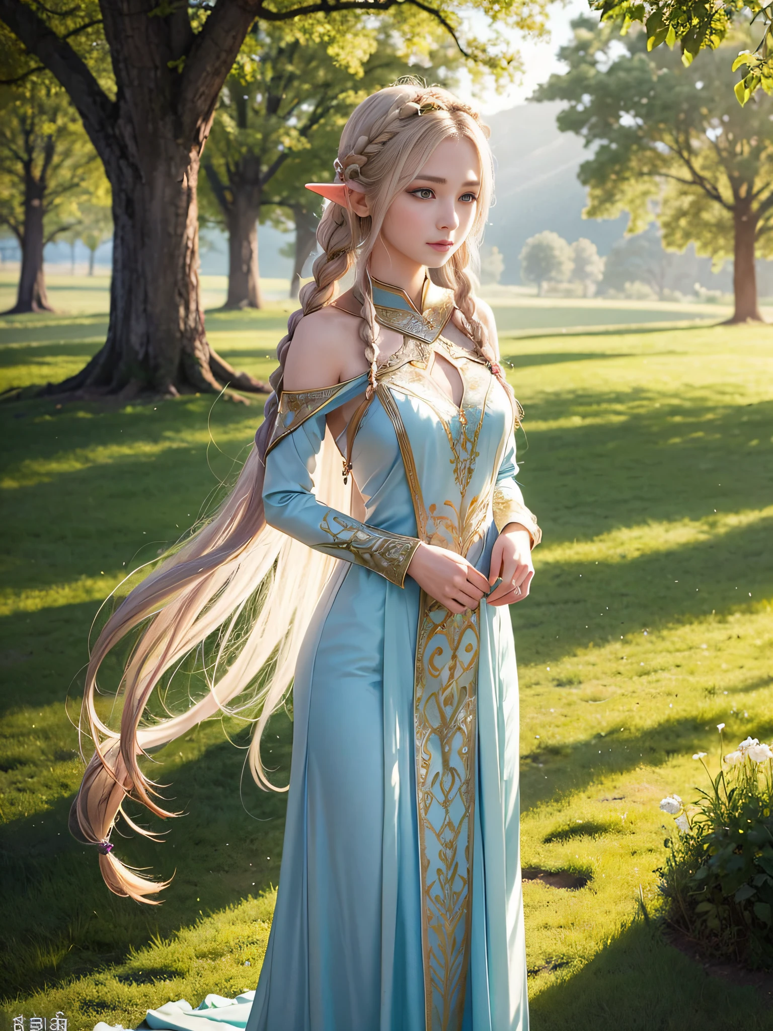 Graceful elven girl standing in meadow, Delicate face illuminated by the soft light of the setting sun. Her long, Flowing hair runs down your back, Decorated with intricate braids、Adorned with sparkling gemstones. This great photo is、、、It captures the ethereal beauty of elves. Slender figure in silk dress、Swaying in the soft steppe breeze. Attention to detail、Face that is、Face that is、Face that is、Face that is、It is evident in the intricate patterns of the dress and the subtle highlights of the luminescence. skin. The breathtaking portrayal of the elven girl is、、、、、Create an enchanting atmosphere、It invites the viewer to a magical world.