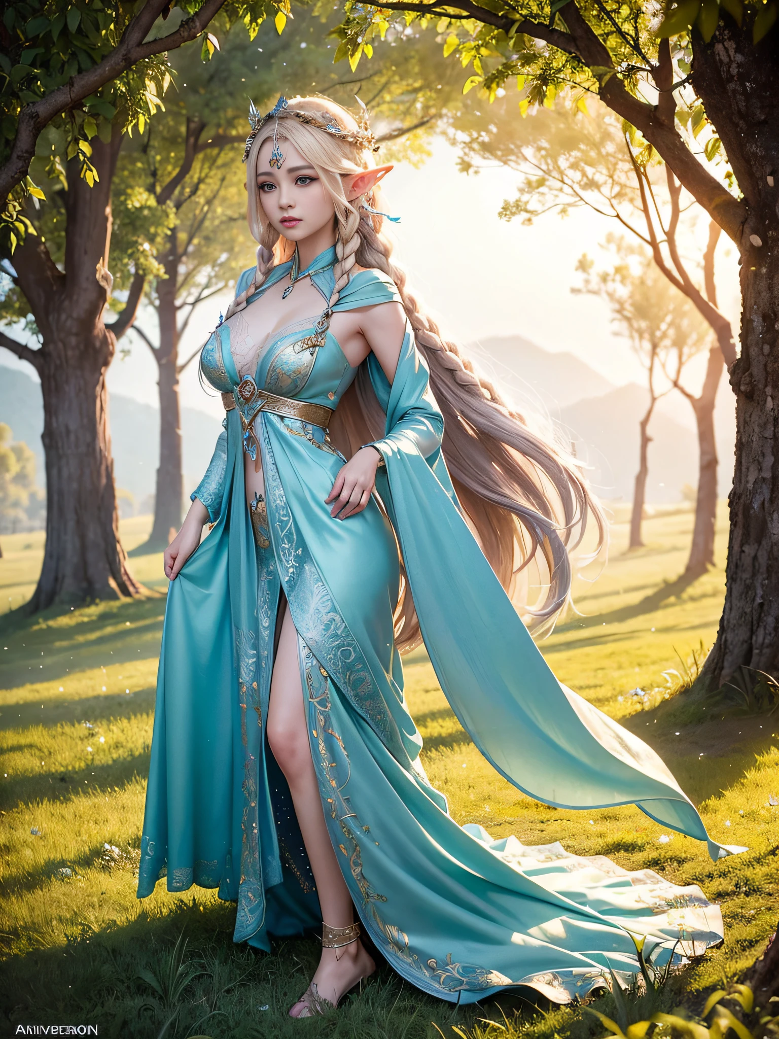 Graceful elven girl standing in meadow, Delicate face illuminated by the soft light of the setting sun. Her long, Flowing hair runs down your back, Decorated with intricate braids、Adorned with sparkling gemstones. This great photo is、、、It captures the ethereal beauty of elves. Slender figure in silk dress、Swaying in the soft steppe breeze. Attention to detail、Face that is、Face that is、Face that is、Face that is、It is evident in the intricate patterns of the dress and the subtle highlights of the luminescence. skin. The breathtaking portrayal of the elven girl is、、、、、Create an enchanting atmosphere、It invites the viewer to a magical world.