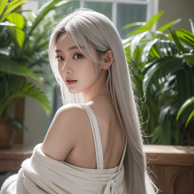 (best qualtiy,8K, Yes,tmasterpiece:1.3),(Hyper Real), (illustratio), (A high resolution), (8K), (The is very detailed), (Most Best Illustration), (beatiful detailed eyes), (best qualtiy), (ultra - detailed), (tmasterpiece), (Wallpapers), (详细的脸),ssmile,Pure and sweet,(Coiled hair),Highly detailed face and skin,White-haired fairy whirlwind,1 rapariga,Gray hair bleached beautifully,China-style,Xiuxian costumes are high open sexy collarbones,Smooth shoulders,Saturated light,edge lit,The light from the back window is backlighted, cinematic ligh,fully body photo
