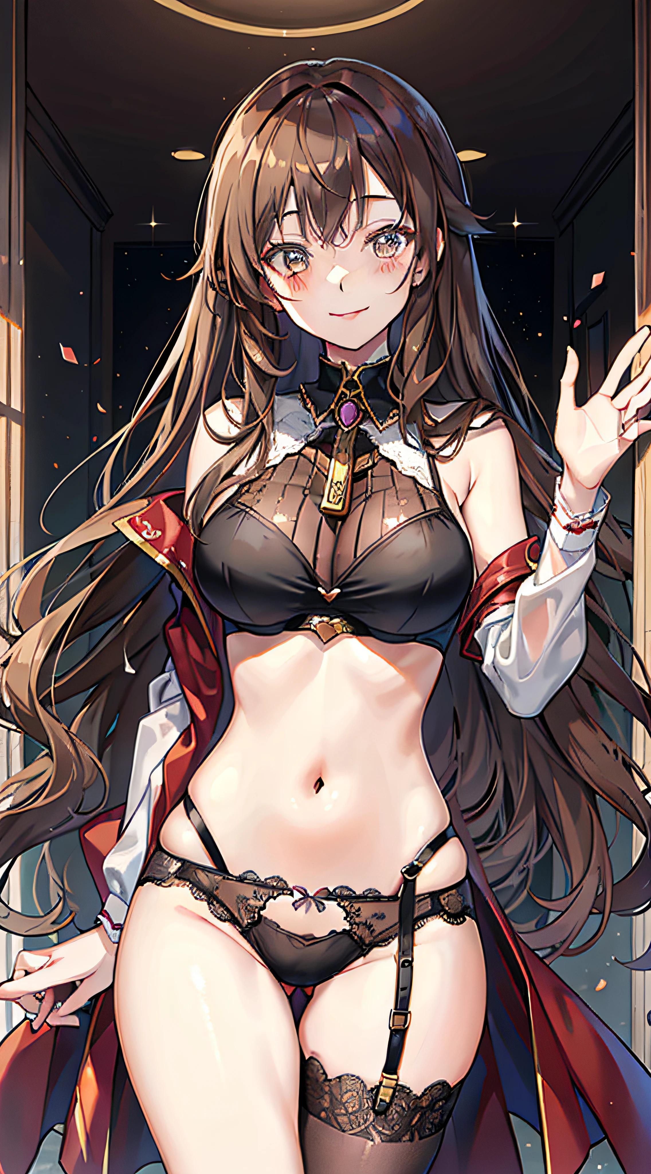 Adult Woman, Wizard Cosplay、long brown hair、waved hair、Brown Eye, lip stick, Smile, masutepiece, hiquality、Sexy lace panties、sexy pose、medium large breasts