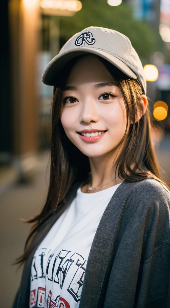 (masterpiece:1.3), (8k, photorealistic, RAW photo, best quality: 1.4), japanese, (1girl), light smile, middle hair, baseball cap,
,Tokyo, night light, outdoor, nightdepth of field, bokeh.