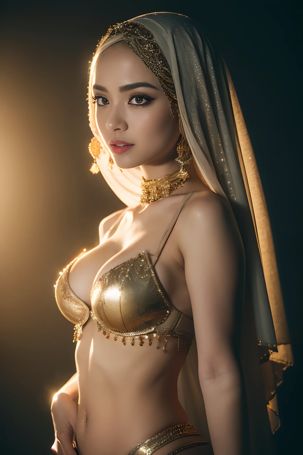 bellydancer, javanese, hijabi, cleavage, reflection light, chiaroscuro, depth of field, cinematic lighting, ray tracing, Sony FE GM, UHD, super detail, masterpiece, textured skin, high details, best quality, award winning,3D,hdr(HighDynamicRange),Ray traching,NVIDIA RTX,Hyper-Resolution,Unreal 5,Subsurface scattering、PBR Texture、post-proces、Anisotropy Filtering、depth of fields、maximum definition and sharpness、Many-Layer Textures、Albedo e mapas Speculares、Surface coloring、Accurate simulation octane rendering of light-material interactions、Two-colored light、largeaperture、Low ISO、White balance、the rule of thirds、8K raw data