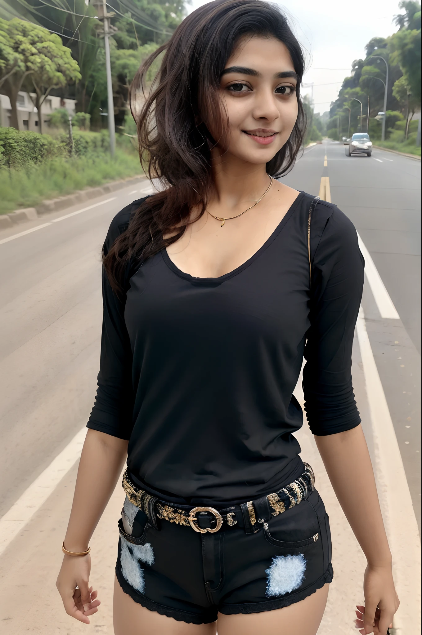 4k highly detailed realistic, one 18 year old Indian girl face, 1girl, solo, bindi, only upper body, short hair, gigantic boobs 1.3, black outfit, selfie, wide smile, busy road
