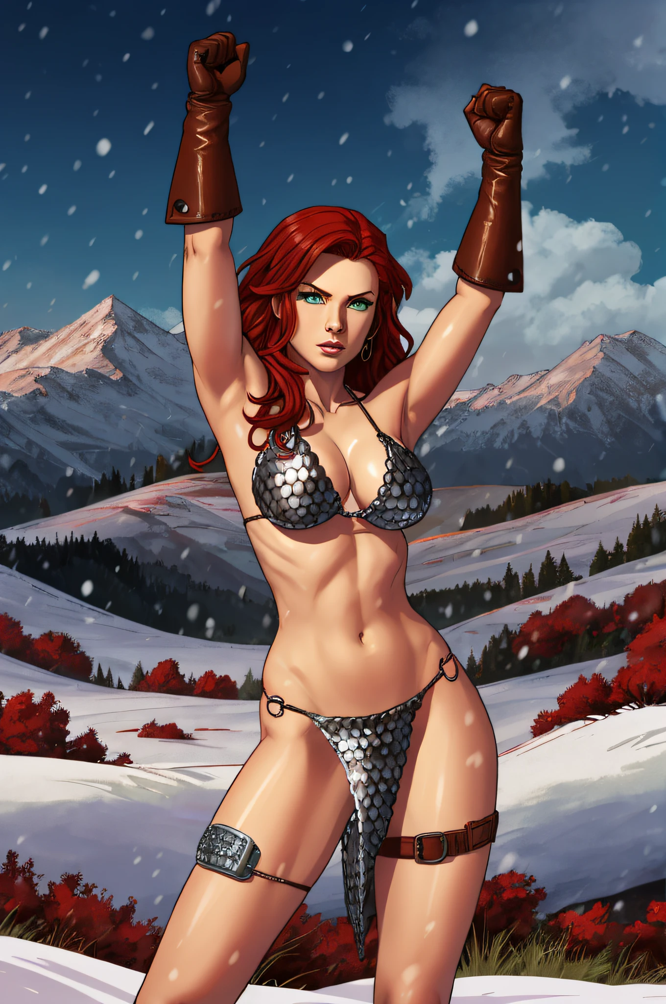 red hair, long red hair, thigh strap, armor, chainmail, armored bikini, brown gloves, red sonja, green eyes, showing armpits, raised arms, arms up, arms behind head, posing, solo, masterpiece, armpits, chainmail bikini, groin, snowy background, freezing atmosphere, silver armbands, perfect proportions