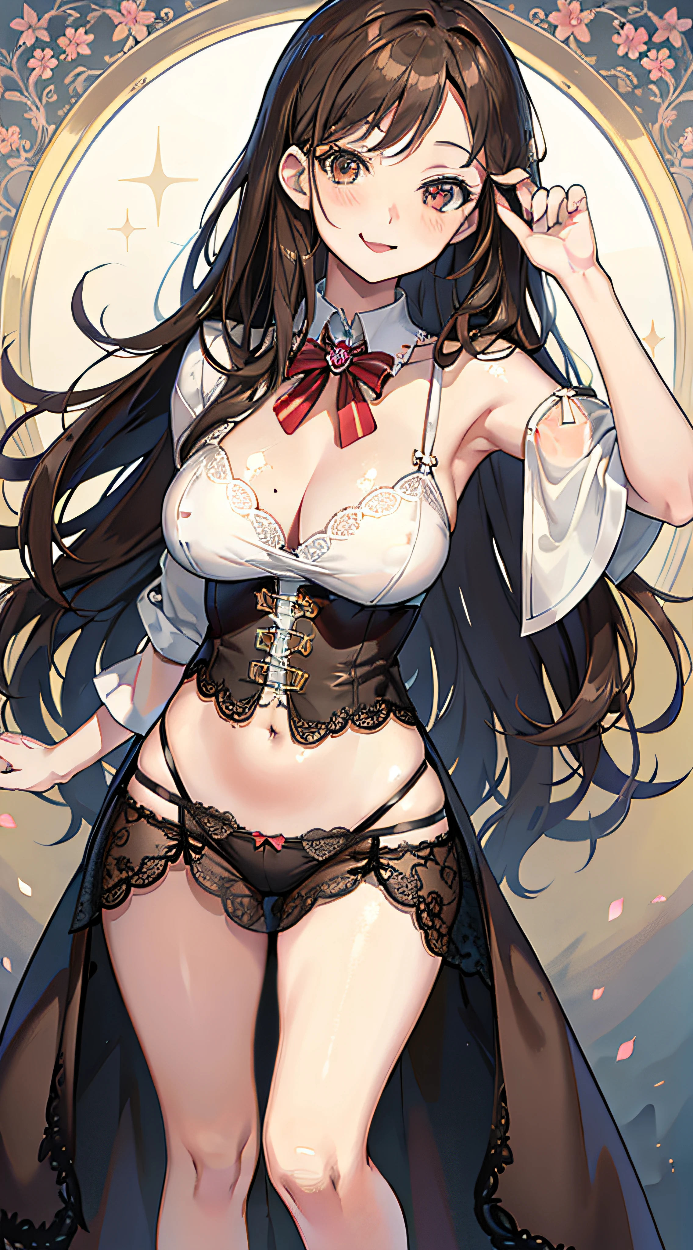 Adult Woman, Wizard Cosplay、long brown hair、waved hair、Brown Eye, lip stick, Smile, masutepiece, hiquality、Sexy lace panties、sexy pose、medium large breasts、Puffy nipple
