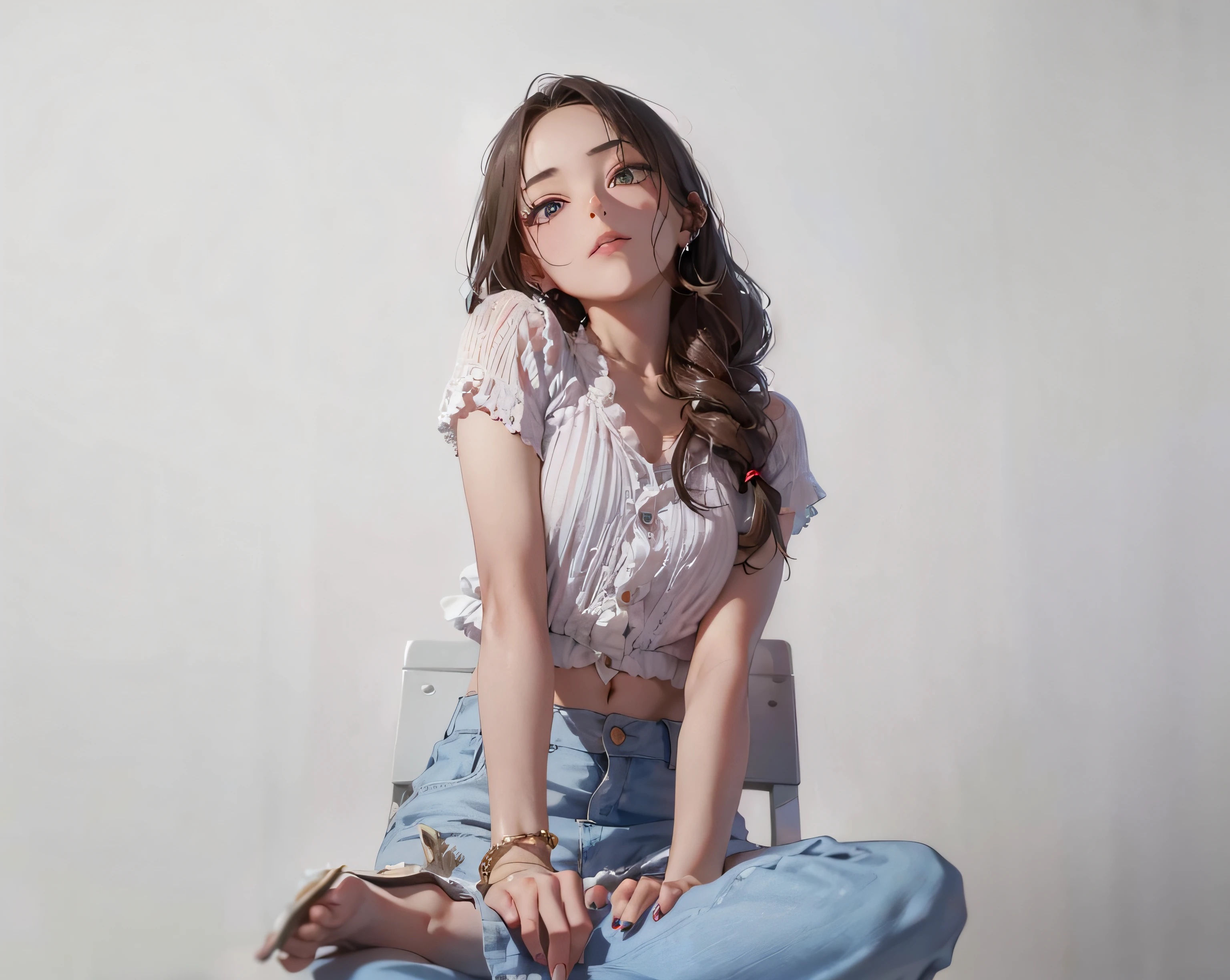 araffed woman sitting on a chair with her legs crossed, dilraba dilmurat, heonhwa choe, xision wu, jaeyeon nam, korean women's fashion model, roseanne park of blackpink, ruan jia beautiful!, korean artist, inspired by Huang Ji, gongbi, inspired by Kim Jeong-hui, in white clothes, sunglass.