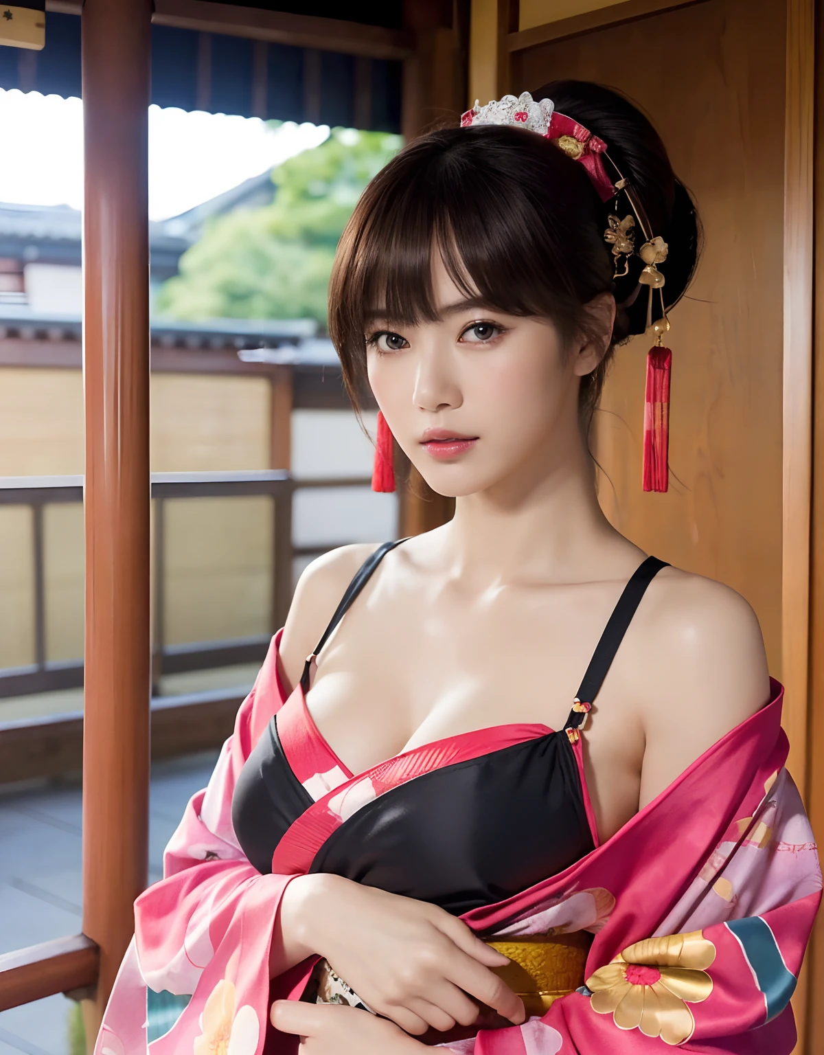 ((oiran woman)),(top-quality、8K、32K、​masterpiece、超A high resolution、nffsw:1.3)、(Japan idol:1.3)、1girl in、(Colossal tits)、((extremely heavy breasts)),(short-hair)、abdominals、the perfect body、(((Armpit))),((oiran woman)), Delicate facial features, Ultra-realistic, Hyper-realistic, 鎖骨、Shadow、octan render、((maikurobikini)),((Wear a beautiful kimono with a high degree of exposure)),hyperdetailed face、Detailed lips、finely eye、二重まぶた、(魅惑的)、((agitation:1.5))、maikurobikini、((Navel))、Armpit、((Female ninja)),Kunoichi Ninja、Throw shurikens、Japan holding a sword、Mystical expression、shrine background、Old Town of Japan、((heavy breasts)),Toostock、mecosuji、Kimono with colorful floral pattern、highcontrast、(((Brightly colored kimono))),heavy breasts、((Glamorous Jar)).((Take a variety of sexy poses)),flicker、Kimono comes off、