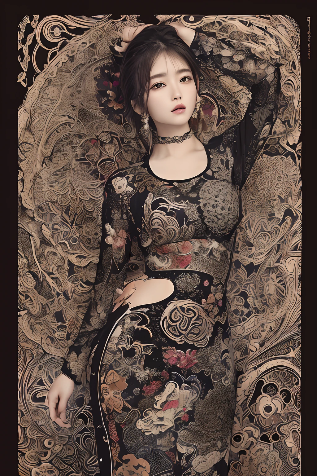 (masterpiece、top-quality、top-quality、Official art、Beautifully Aesthetic:1.2)、(One girl:1.3)、A highly detailed、(Fractal Art:1.1)、(dark color:1.1)(florals:1.3)、The most detailed、(Zentangle:1.2)、(Dynamic Poses)、(Abstract background:1.3)、(qipao dress:1.2)、(shinny skin)、(Many colors:1.4)、、(耳环:1.4)、