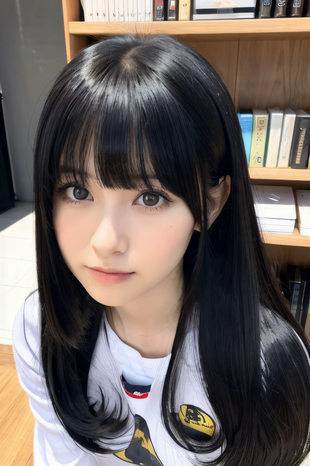arafed woman with long black hair and bangs posing for a picture, black hair and large eyes, belle delphine, she has black hair with bangs, anime girl in real life, long dark hair with bangs, long black hair with bangs, with straight black hair, shikamimi, black hime cut hair, hair blackbangs hair, cute natural anime face