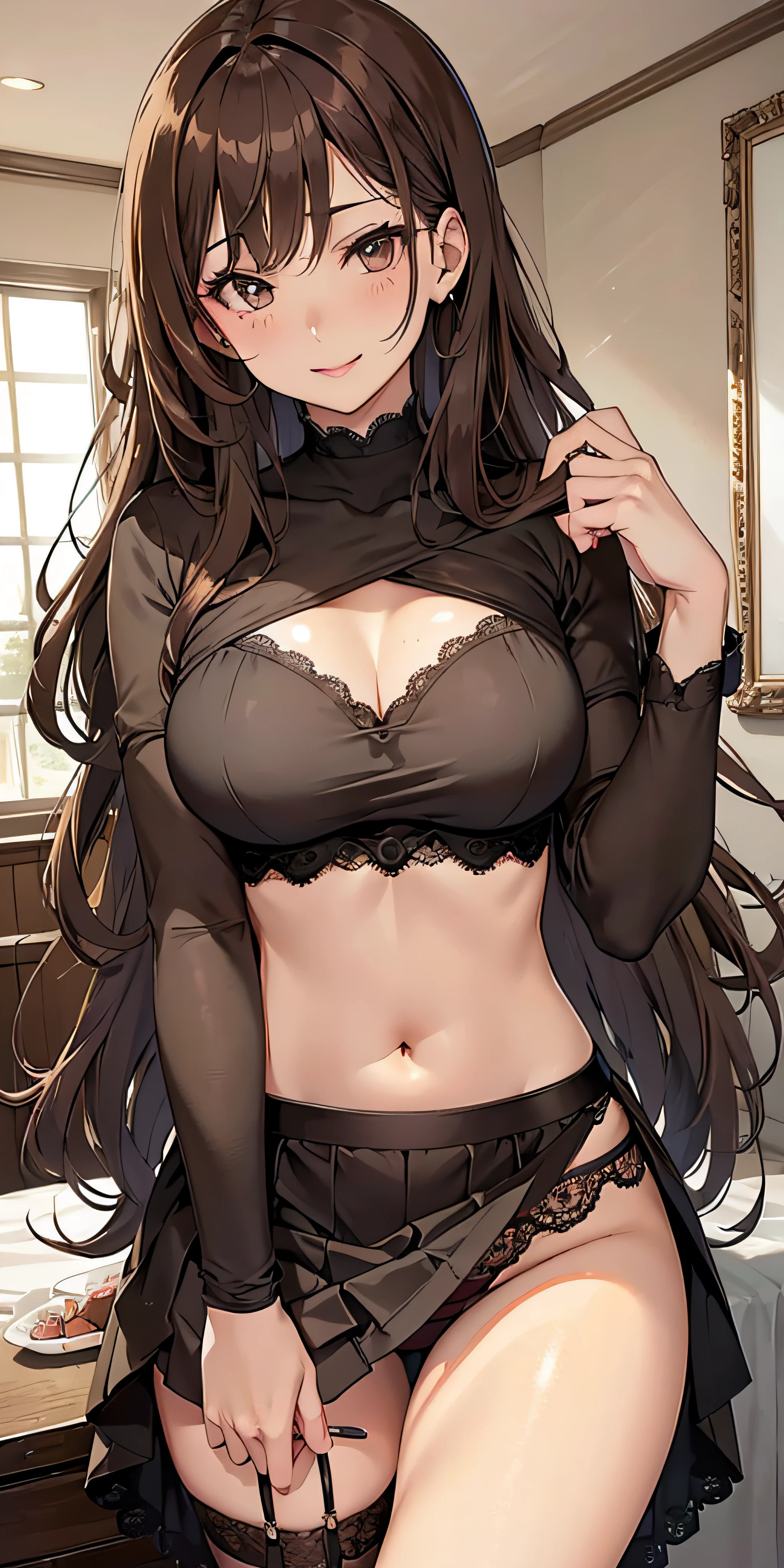 Adult Woman, Beauty Warrior Cosplay、long brown hair、waved hair、Brown Eye, lip stick, Smile, masutepiece, hiquality、Sexy lace panties、sexy pose、medium large breasts、pleatedskirt