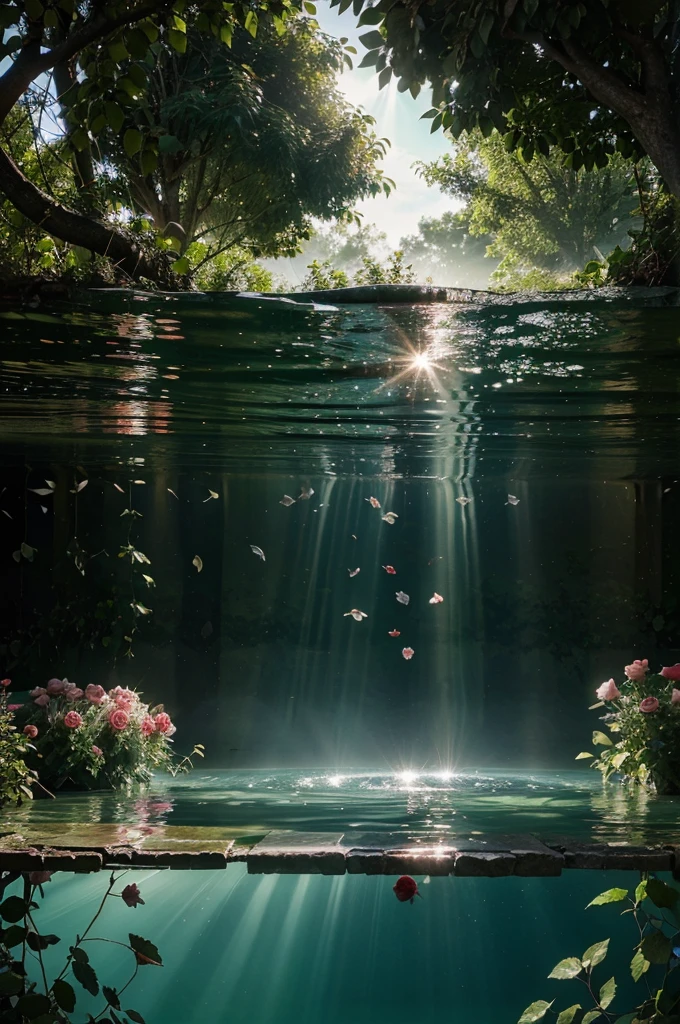 garden full of roses , submerged , magical , sunrays ,