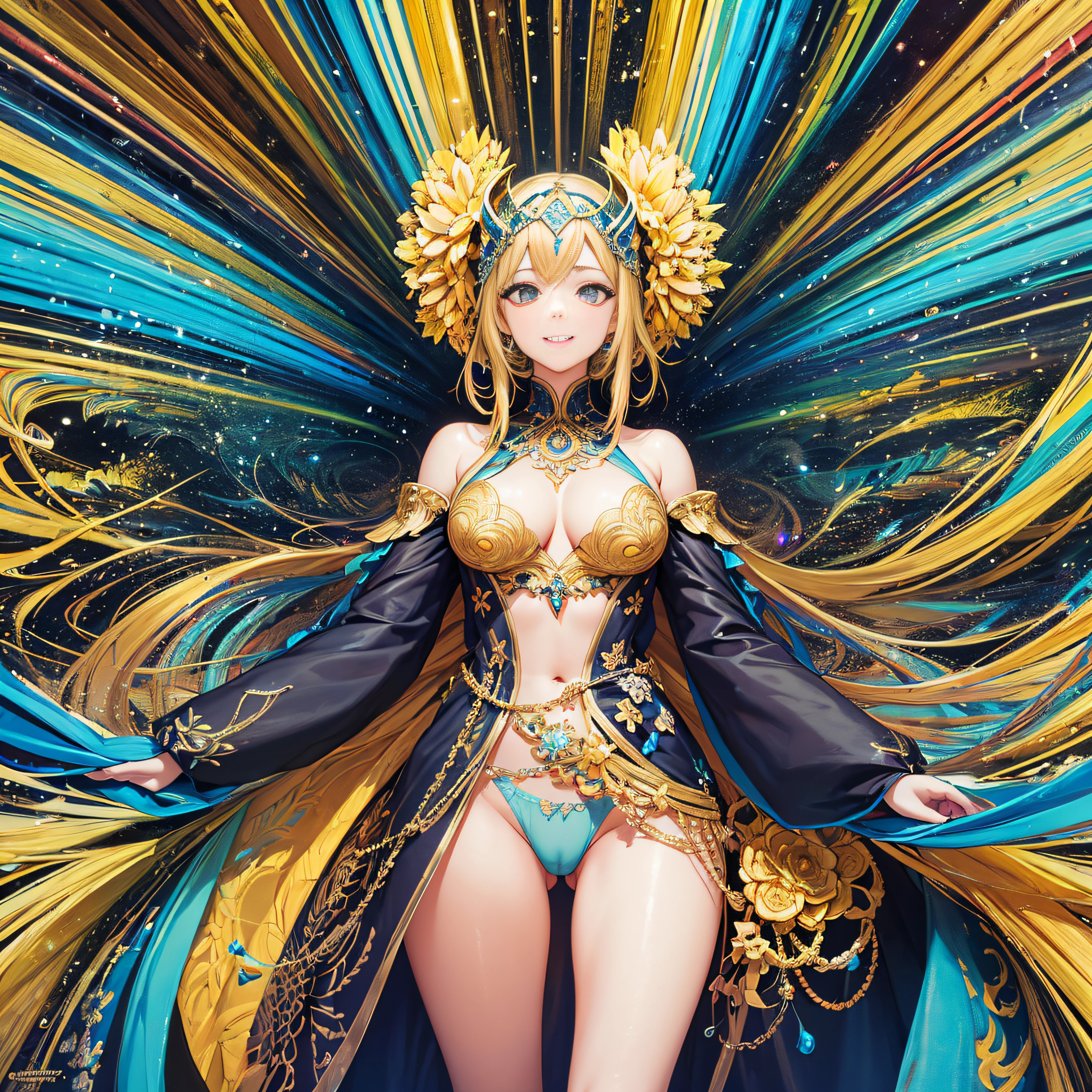 (masutepiece, of the highest quality, Best Quality, Official art, Beautiful and aesthetic:1.2), (1girl in:1.3), Extremely detailed,(Fractal Art:1.2),Colorful,highest details,(Zentangle:1.2), (Dynamic Pose), (Abstract background:1.5), (Dress of a member of parliament:1.2), (Shiny skin), (Many colors:1.4), Upper body, Thin gauze, Off-the-shoulder, blooming flower field, Glowing skin, lightsmile, Camel toe, Sexy, Bust, nakeness,From below,Ass Up wAIT