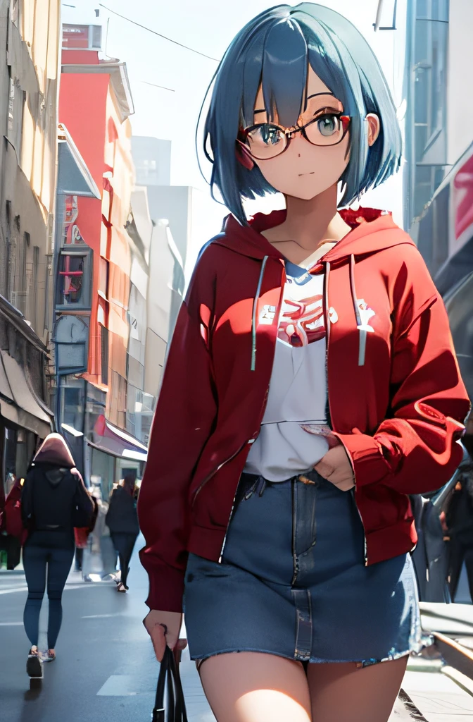 14 year old girl,blue hairs(Long Bob),Green eyes,Red-rimmed glasses,Red hoodie,Denim miniskirt,Night,Walking around the city