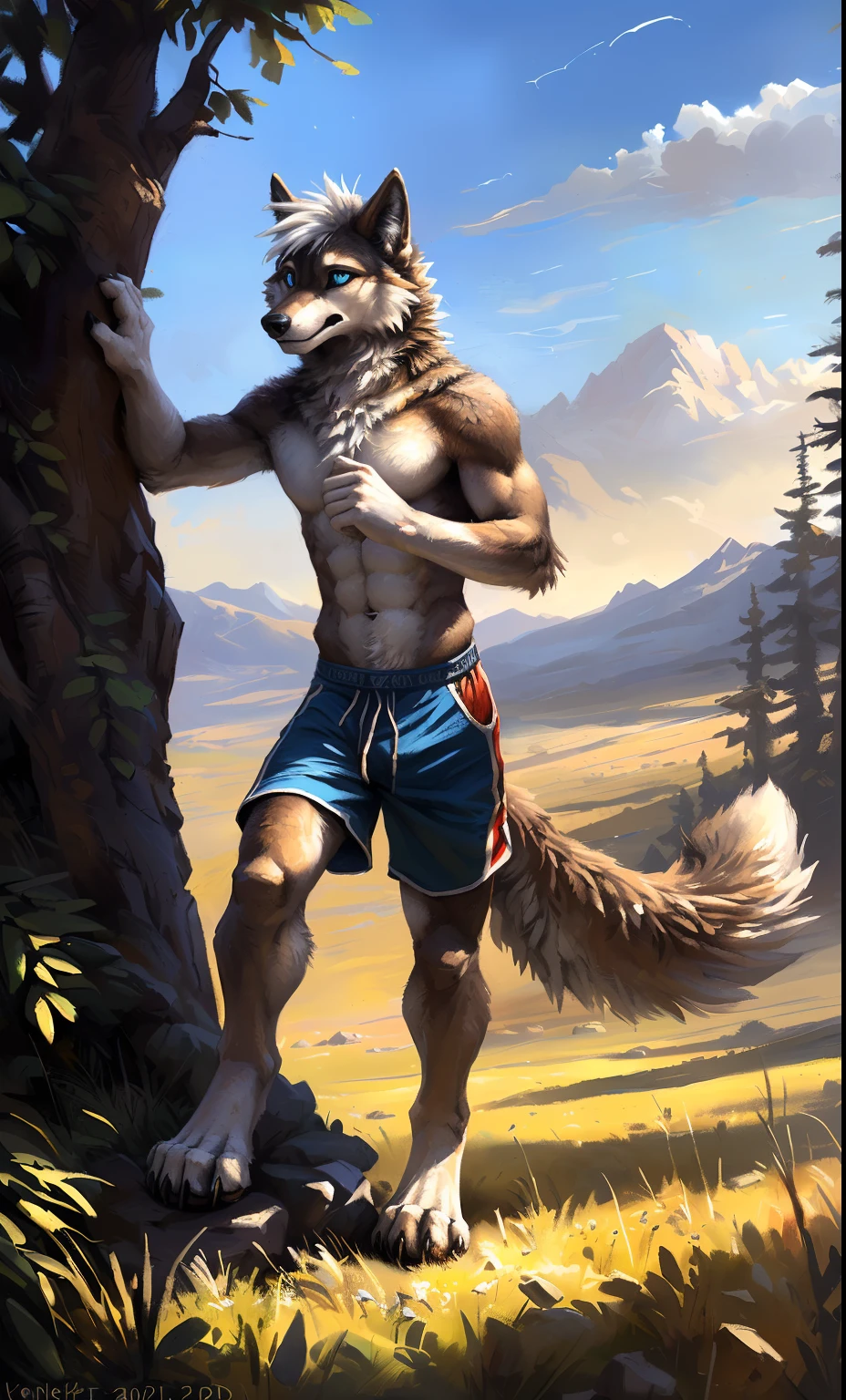 ((Solo)), male people, anthro wolf, (Multi-colored fur, White-brown:1.3，White tail pointed), (Height 2.1m,Tail length 1.2m), ((Wolf face, White hair, Big eyes, White eyelids, Blue pupil, Slim:1.2) (Tough, Calm expression:1.2)), Abs, Slim, pinging)), (Correct anatomy), (Work shorts:1.1), The upper body is naked, (detailed outfits),A long big tail，Feet，(Realistic fur, Detailed fur texture, labeled:1.3)), (Natural lighting), Photorealistic, Hyperrealistic, ultradetailed, by Kenket，Endless grasslands，There are no trees，There are no big stones，No artificiality，erect through，Running on