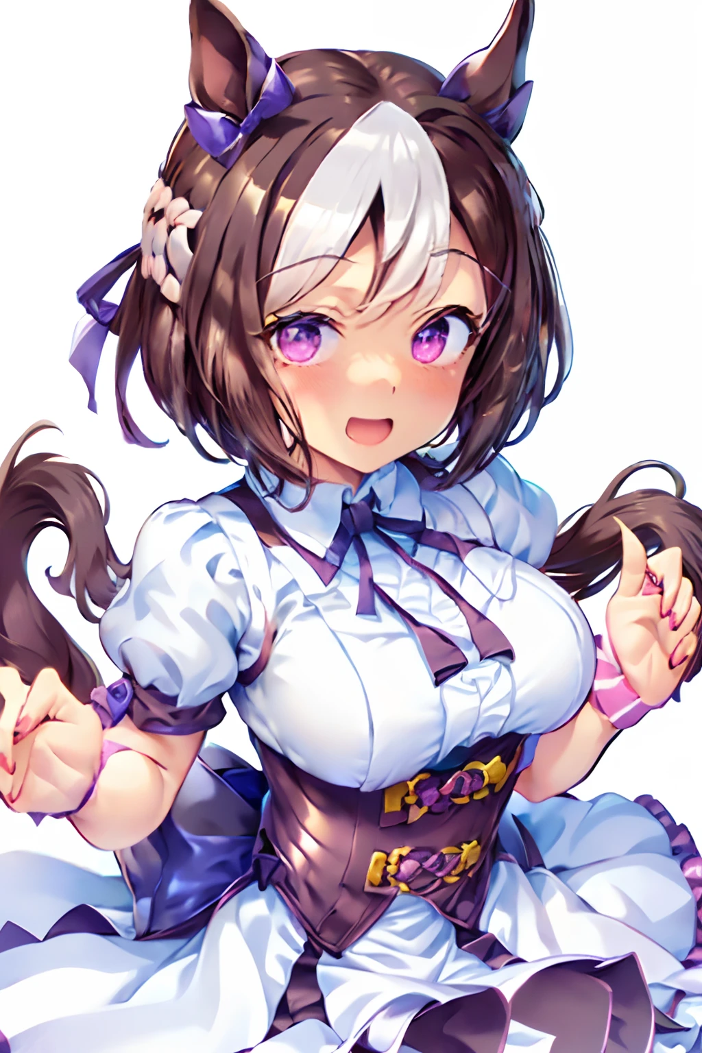 special_week_\(Umamusume)、bow ribbon、bow ribbon、bow ribbon、corsets、Fluffy breasts、nursing、toppless、teats、The upper part of the body、(Refers to the viewer:1.3)、Happiness、(White background:1.5)、(front-facing view:1.3)