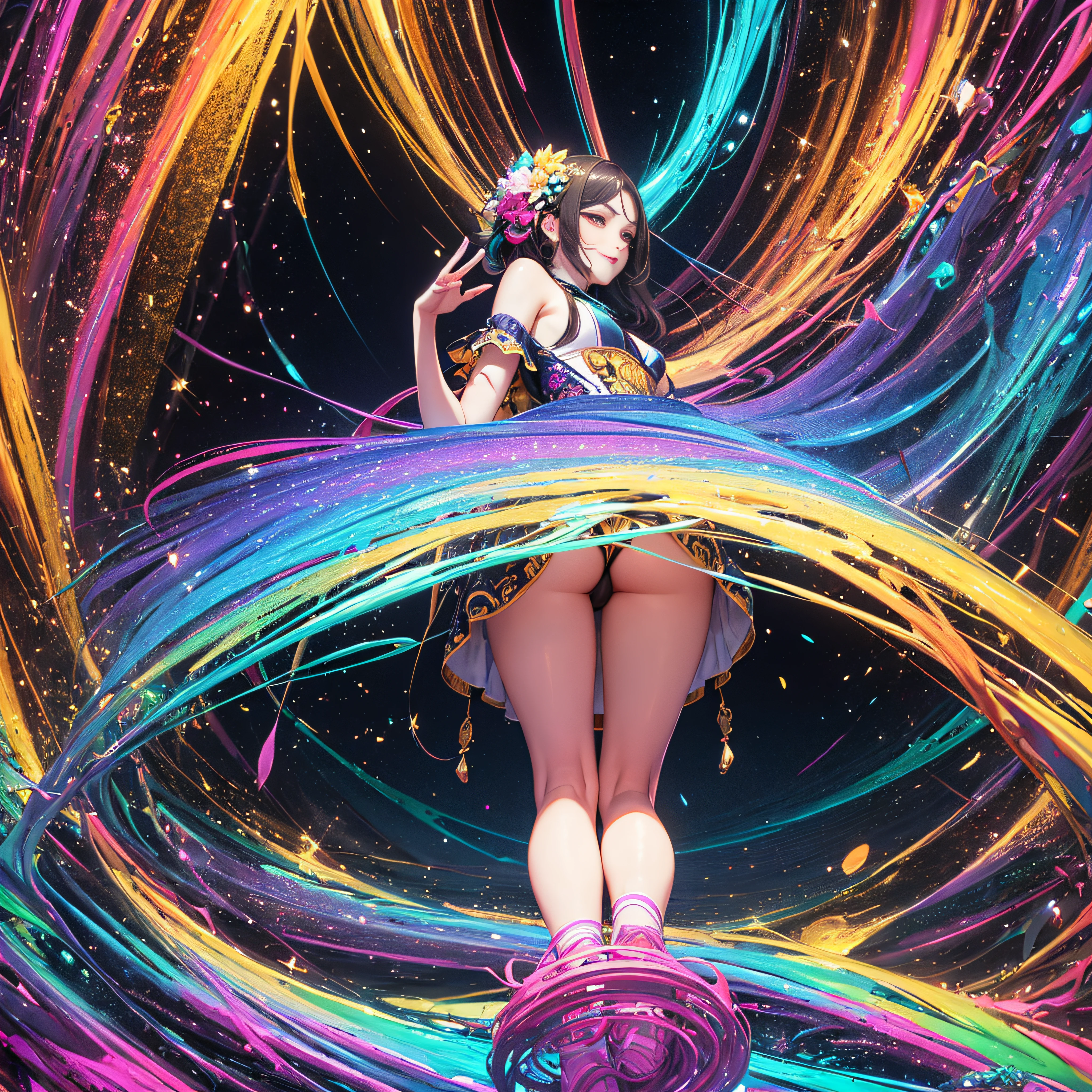 (masutepiece, of the highest quality, Best Quality, Official art, Beautiful and aesthetic:1.2), (1girl in:1.3), Extremely detailed,(Fractal Art:1.2),Colorful,highest details,(Zentangle:1.2), (Dynamic Pose), (Abstract background:1.5), (Dress of a member of parliament:1.2), (Shiny skin), (Many colors:1.4), Upper body, Thin gauze, Off-the-shoulder, blooming flower field, Glowing skin, lightsmile, Camel toe, Sexy, Bust, nakeness,From below,Ass Up wAIT