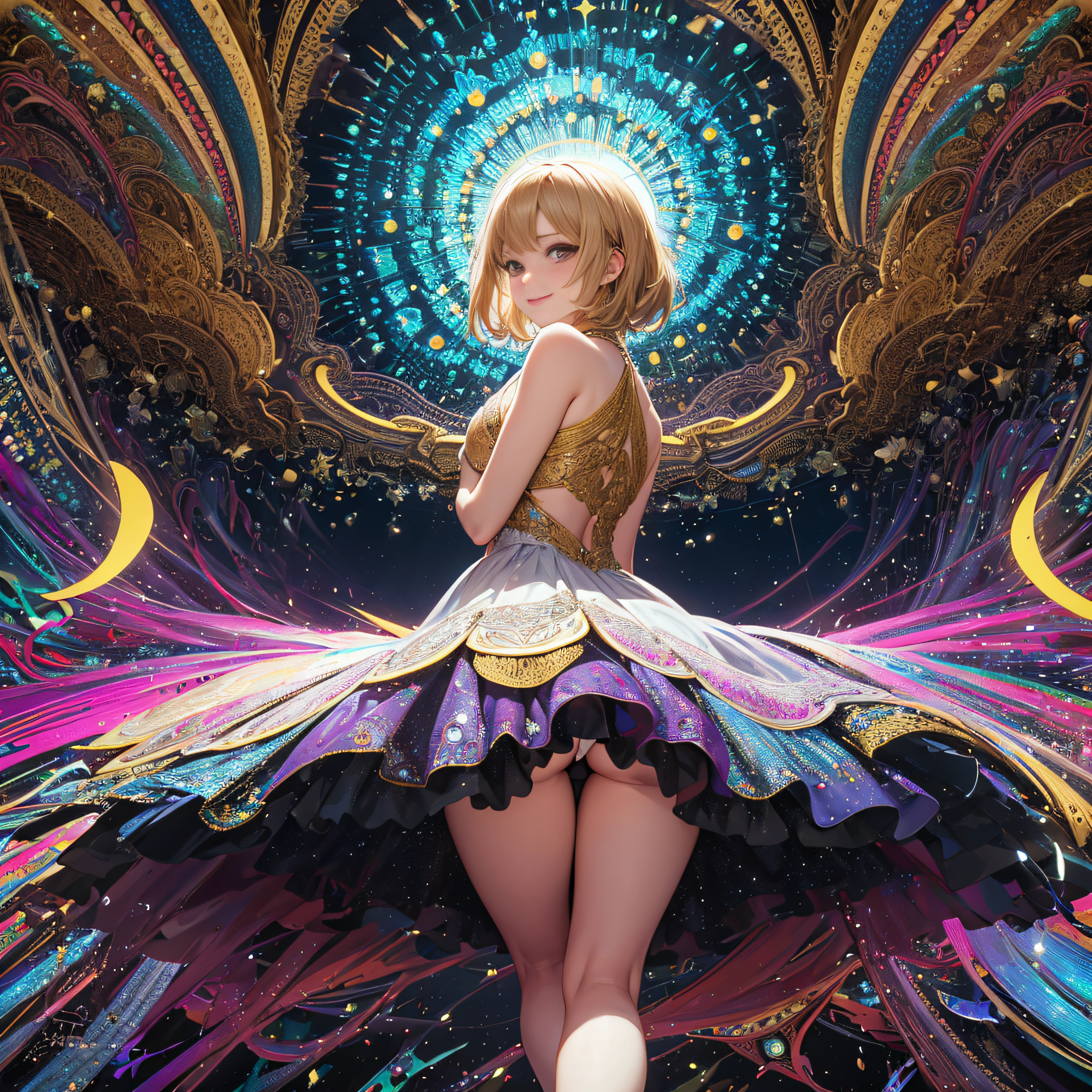 (masutepiece, of the highest quality, Best Quality, Official art, Beautiful and aesthetic:1.2), (1girl in:1.3), Extremely detailed,(Fractal Art:1.2),Colorful,highest details,(Zentangle:1.2), (Dynamic Pose), (Abstract background:1.5), (Dress of a member of parliament:1.2), (Shiny skin), (Many colors:1.4), Upper body, Thin gauze, Off-the-shoulder, blooming flower field, Glowing skin, lightsmile, Camel toe, Sexy, Bust, nakeness,From below,Ass Up wAIT