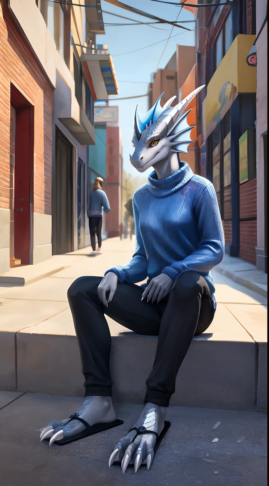 female dragon,Cyborg Dragon,Silver Dragon,He wears a blue sweater and black pants,flipflops,Claw feet,battery,On the street,sitting on a curb,Snowy days,head fins,Detailed golden eyes,lifelike skin,Detail ratio,Slim,Sexy,The scales are truly textured,photo-realistic,Masterpiece,Clear,8K,3Drenderingof