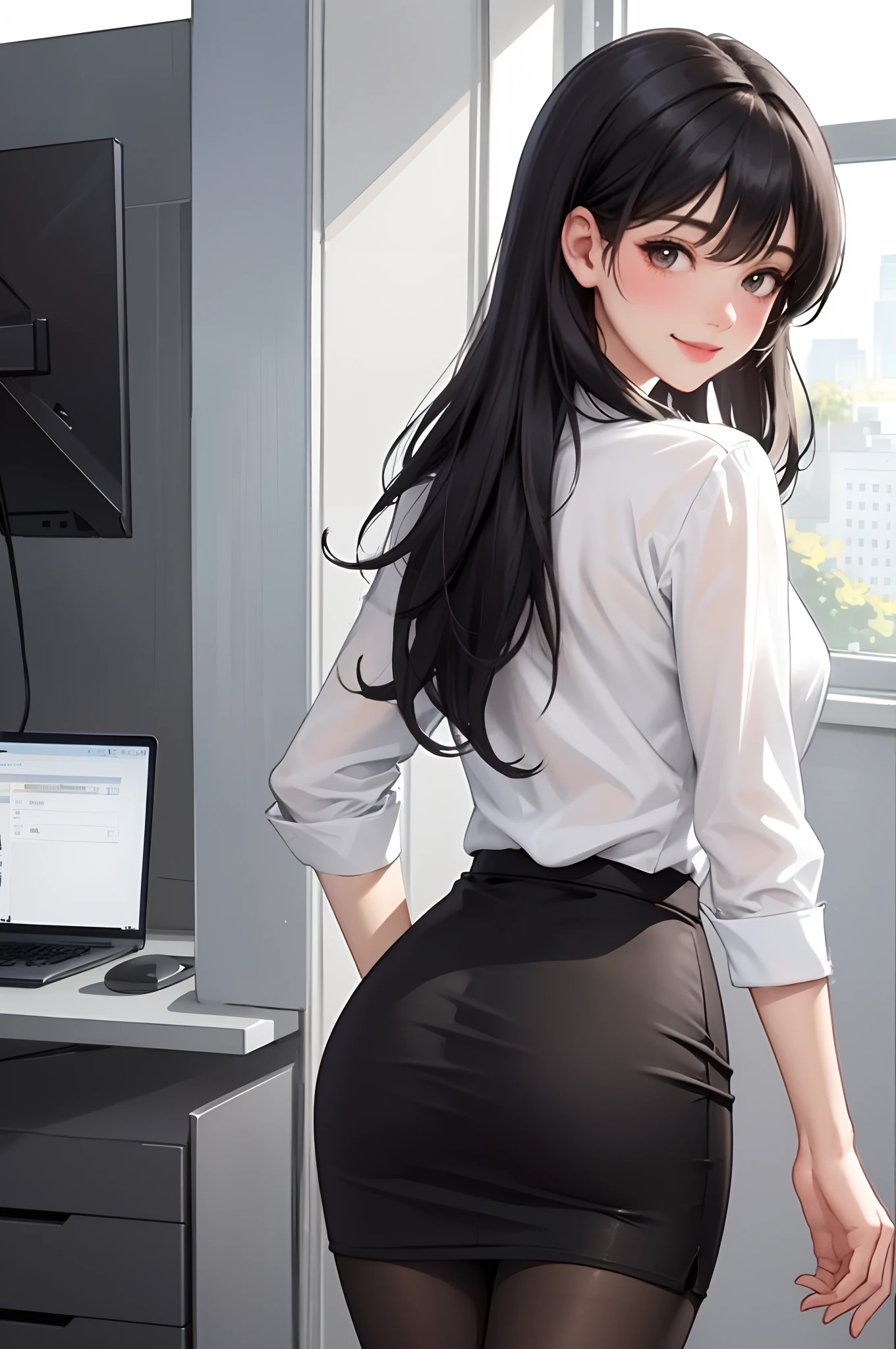 1lady solo, (looking back from behind), /(casual shirt pencil skirt thin pantyhose/), /(black hair/) bangs, blush kind smile, (masterpiece best quality:1.2) delicate illustration ultra-detailed BREAK /(modern office indoors/)