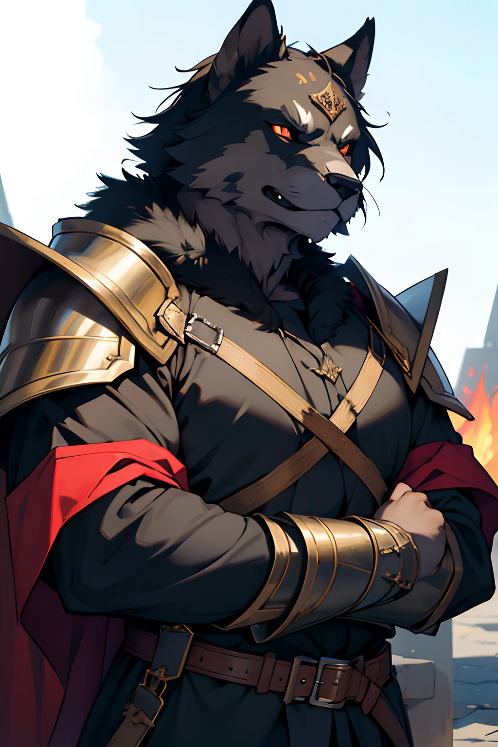 beste-Qualit, tmasterpiece, extra high resolution, Detailed, realisti, 独奏, Horror \(subject\), Dark Fantasy, Depth of field, ember, humanoid, heavy armor, The Face of the Beast, Furry, Security Guard Outfit, Guardian's Attire, Guard, Medieval Guard, Medieval Guard Clothing , spearman, Chaotic Neutral.