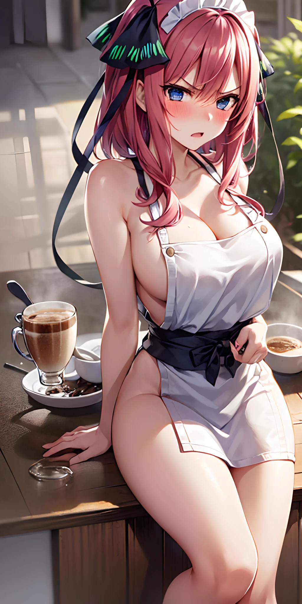 1girl, solo, nakano nino, pink hair, butterfly hair ornament, (naked:1.3), (white apron:1.1), large breasts, cleavage, thighs, cafe background, (blushing:1.3), angry