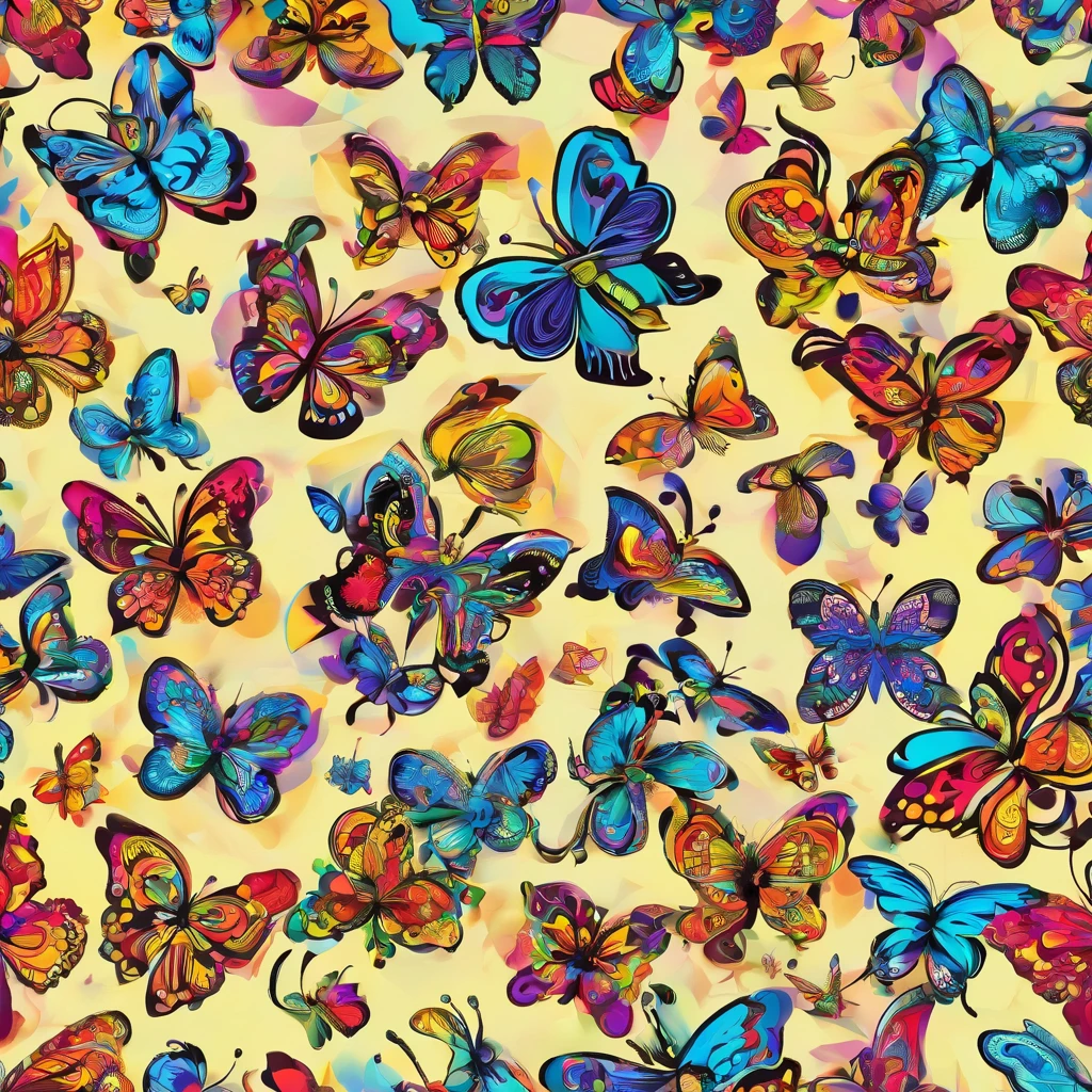 (best quality,highres,ultra-detailed),a butterfly, a kaleidoscope of butterflies, lots of glowing butterflies, butterfly at the middle,vibrant colors,abstract art,diverse textures,playful composition,bright lights,energy flow,harmonious design,transformational patterns,interconnected lines,surreal atmosphere,nature-inspired elements,symmetry,fluid motion,shimmering effects,mysterious depth,mesmerizing optical illusions,visual poetry