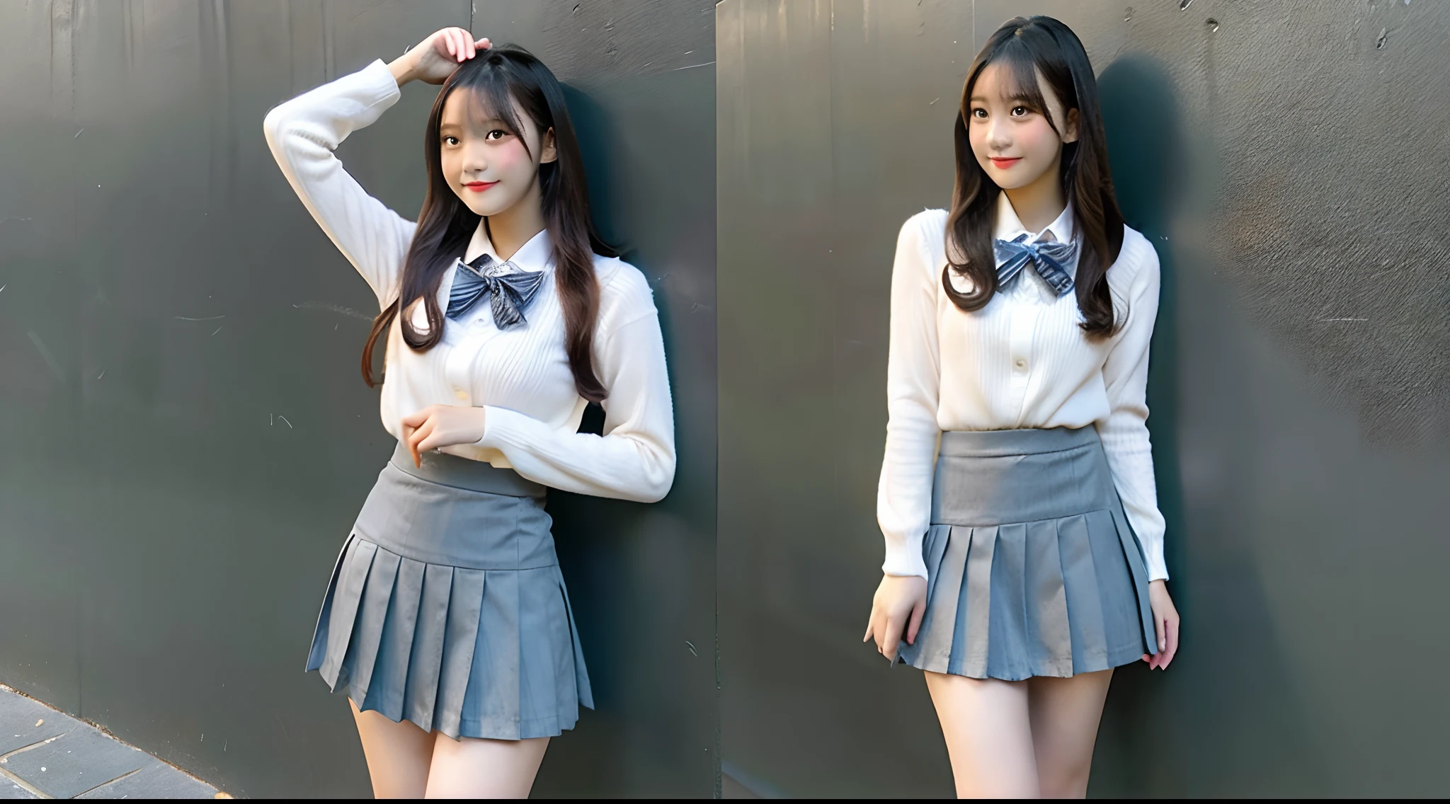 Cute high school girl 18 years old in a gray mini skirt