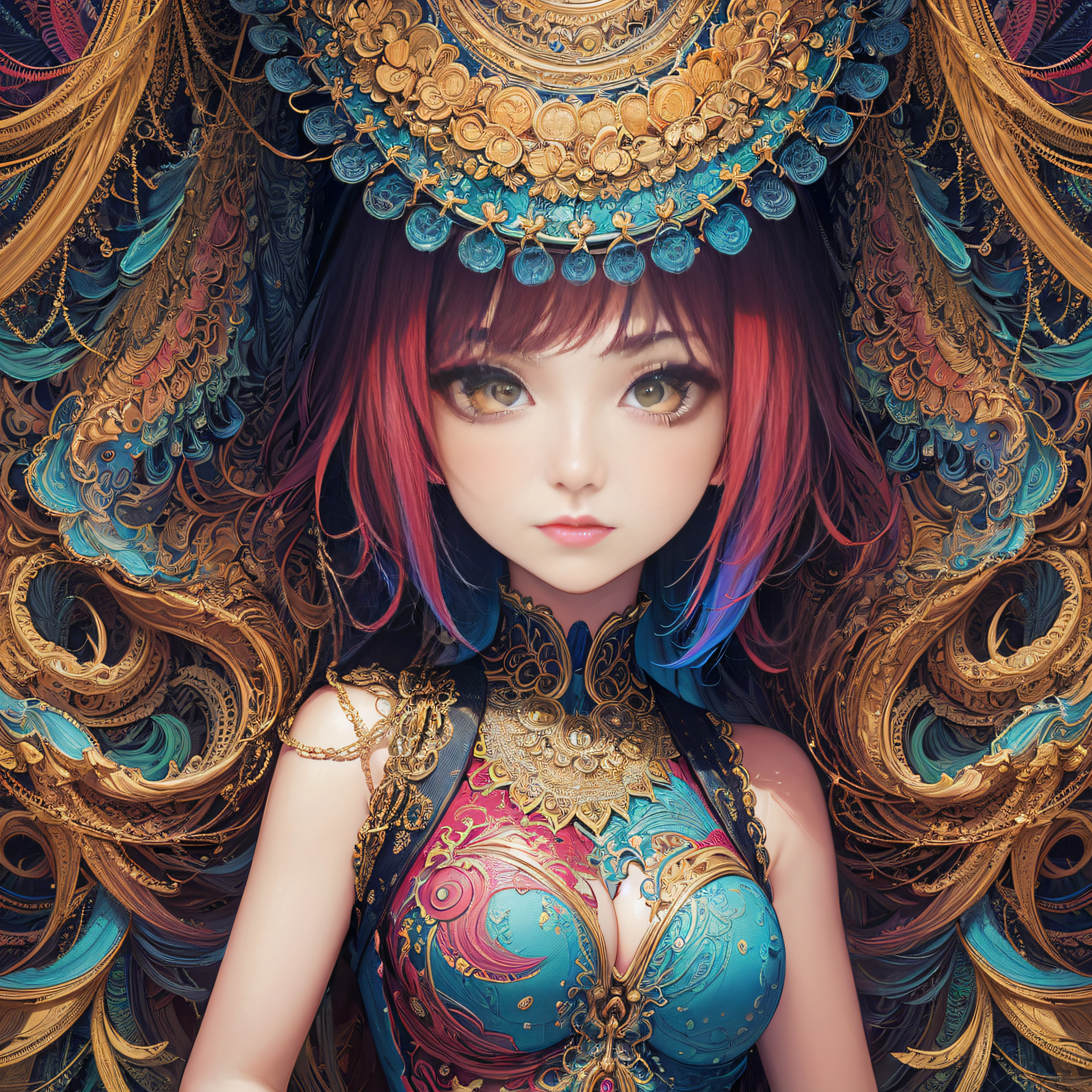 (masterpiece, top quality, best quality, official art, beautiful and aesthetic:1.2), (1girl:1.3), extremely detailed,(fractal art:1.2),colorful,highest detailed,(zentangle:1.2), (dynamic pose), (abstract background:1.5), (treditional dress:1.2), (shiny skin), (many colors:1.4), upper body