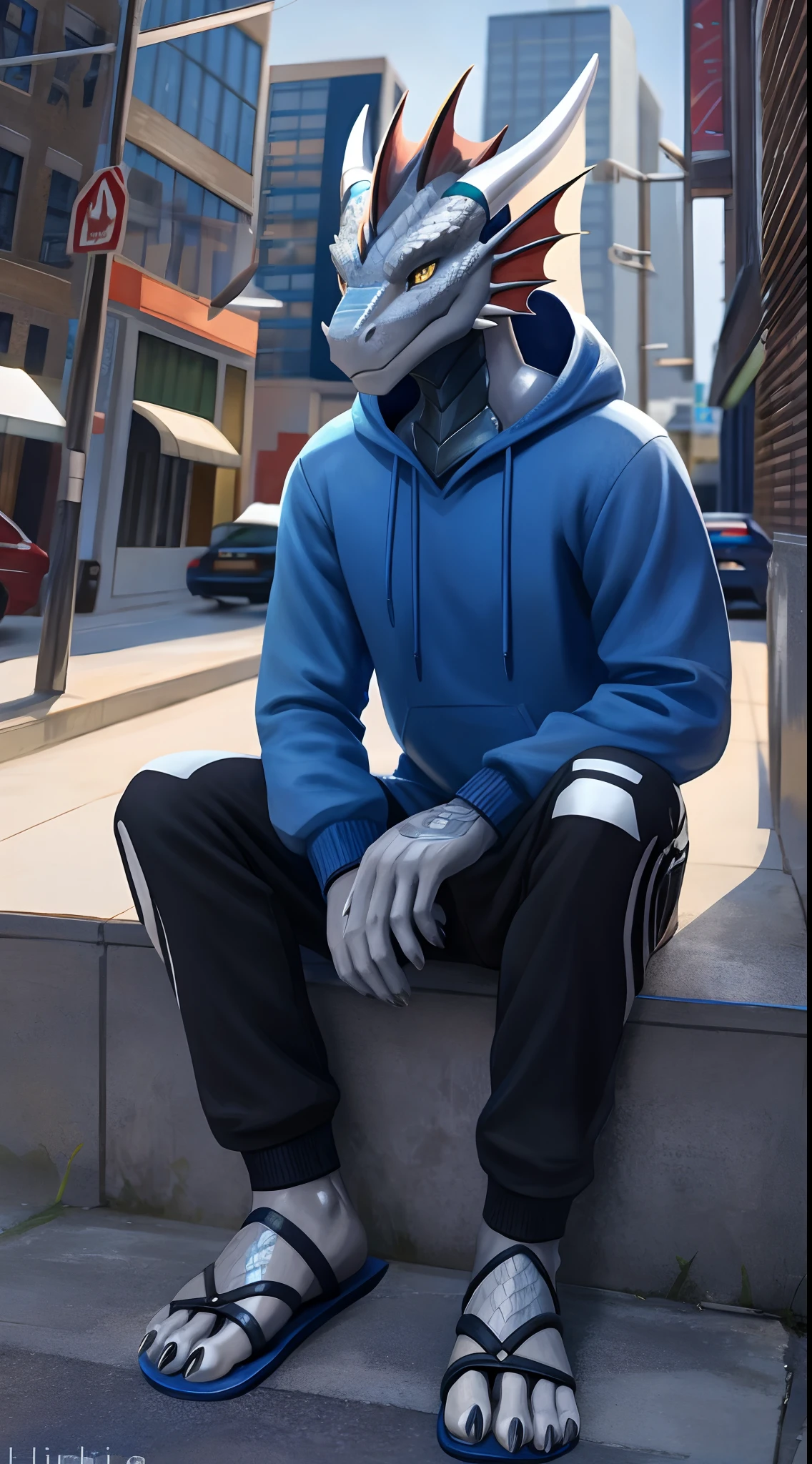 male dragon,Cyborg Dragon,Silver Dragon,He wears a blue sweatshirt and black shorts,Long sandals,Claw feet,battery,On the street,sitting on a curb,Snowy days,head fins,Detailed golden eyes,lifelike skin,Detail ratio,Slim,Sexy,The scales are truly textured,photo-realistic,Masterpiece,Clear,8K,3Drenderingof
