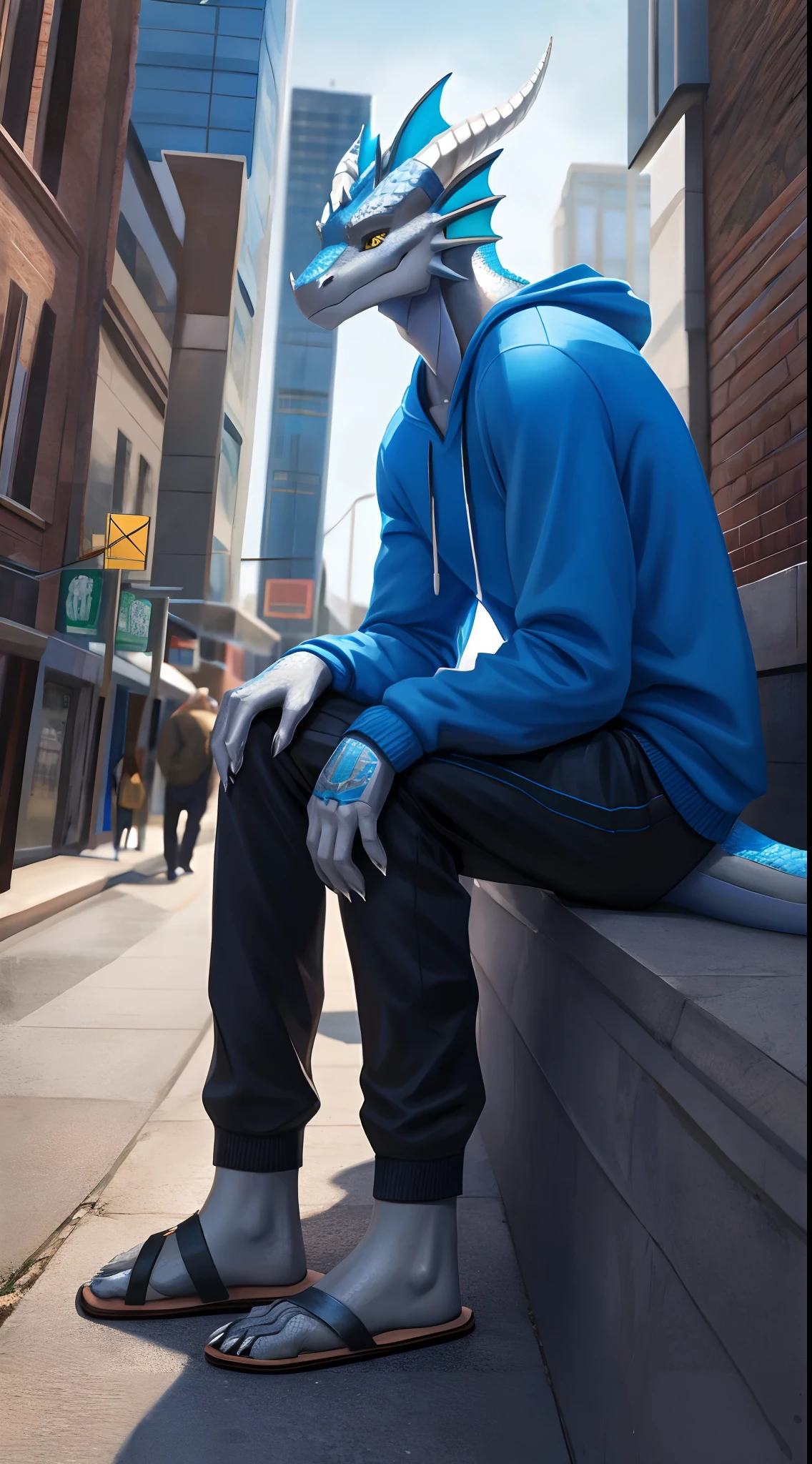 male dragon，Cyborg Dragon，Silver Dragon，He wears a blue sweatshirt and black shorts，Long sandals，Claw feet，battery，On the street，sitting on a curb，Snowy days，head fins，Detailed golden eyes，lifelike skin，Detail ratio，Slim，Sexy，The scales are truly textured，photo-realistic，Masterpiece，Clear，8K，3Drenderingof