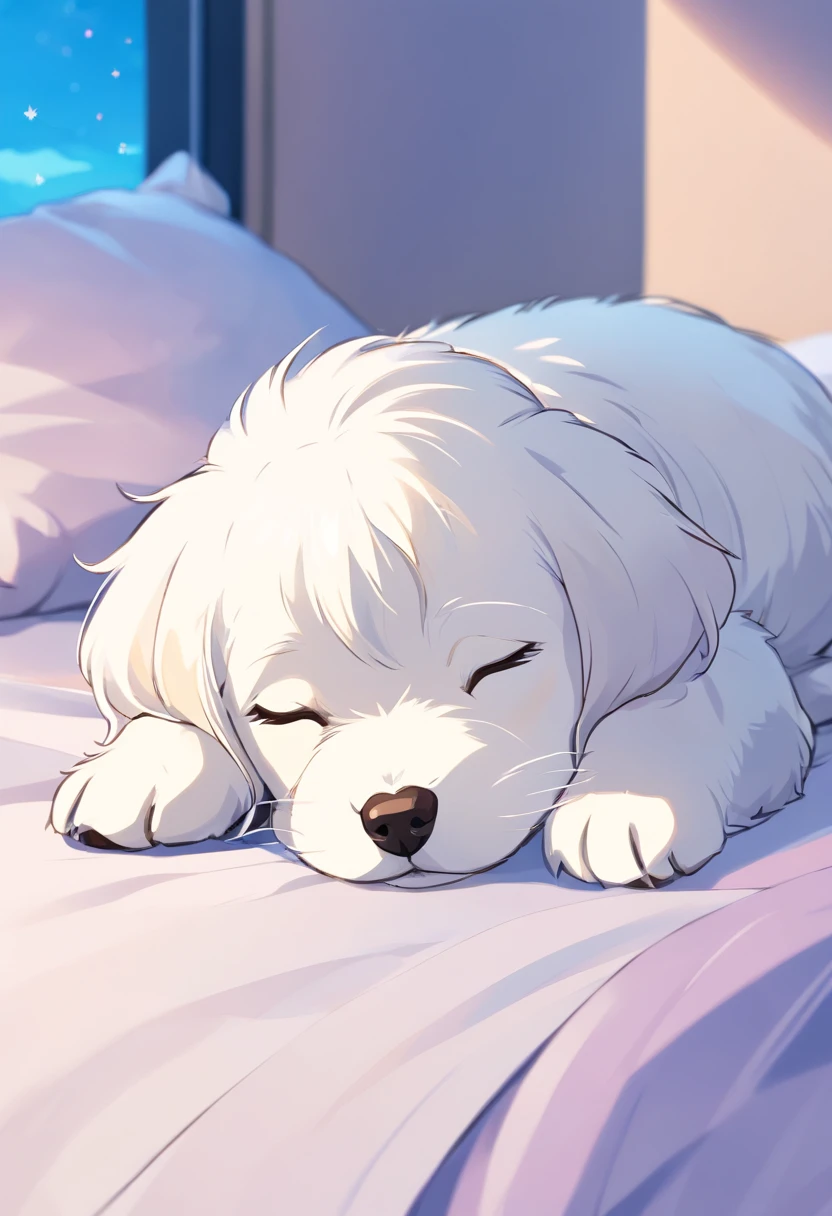 a sticker, sleeping maltese puppy, outlines, vector, White outline, bed
