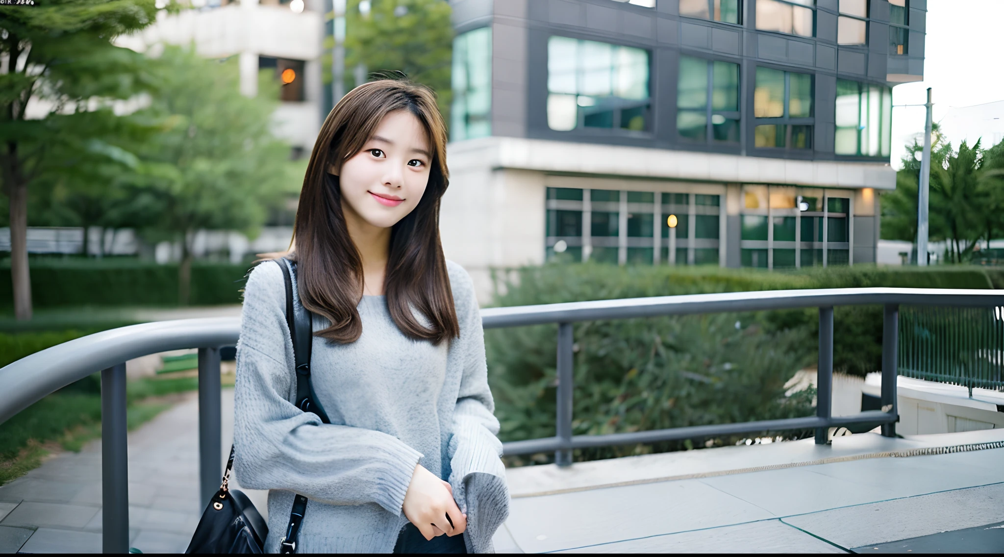 Cute 18-year-old female college student in a gray miniskirt