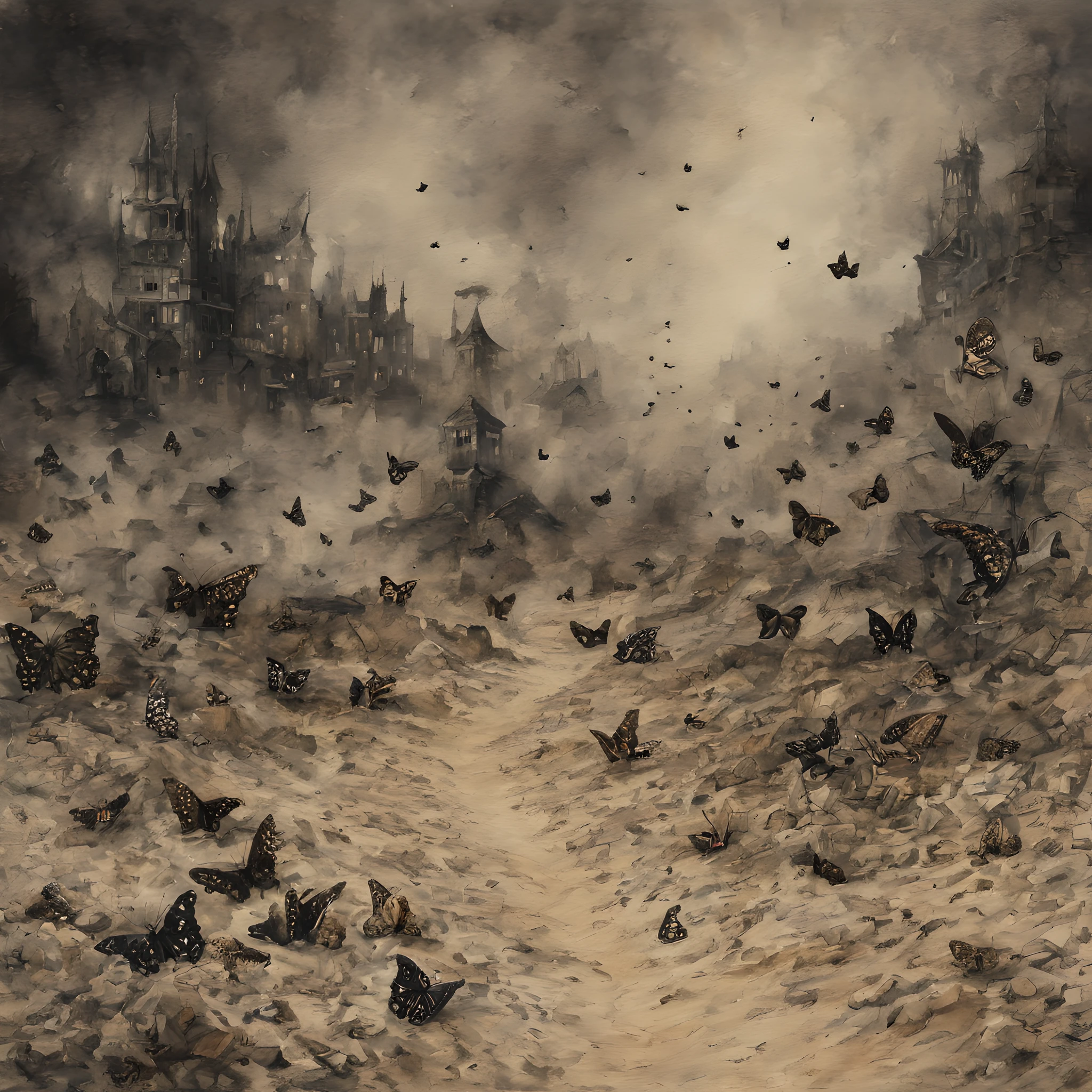 (butterfly:1.5),(butterfly theme:1.5),(dark horror theme:1.5),(thriller:1.5),(inspiration from Stephen King:1.5),(dark fantasy:1.5), (ink and watercolor painting:1.5), (black and white color:1.5), 8k, 4k, (landscapes:1.5),(A large number of butterflies fly towards the viewer:1.5),(ruined:1.5),(ruined village:1.5),(1800s:1.5), (ruined theme:1.5),(lots of flying butterflies:1.5),(puddle:1.5),(Unpaved roads:1.5),(sand:1.5),(dust:1.5),(ash:1.5),(absurderes:1.5),(fantastic:1.5),(best quality:1.5),(masterpiece:1.5),