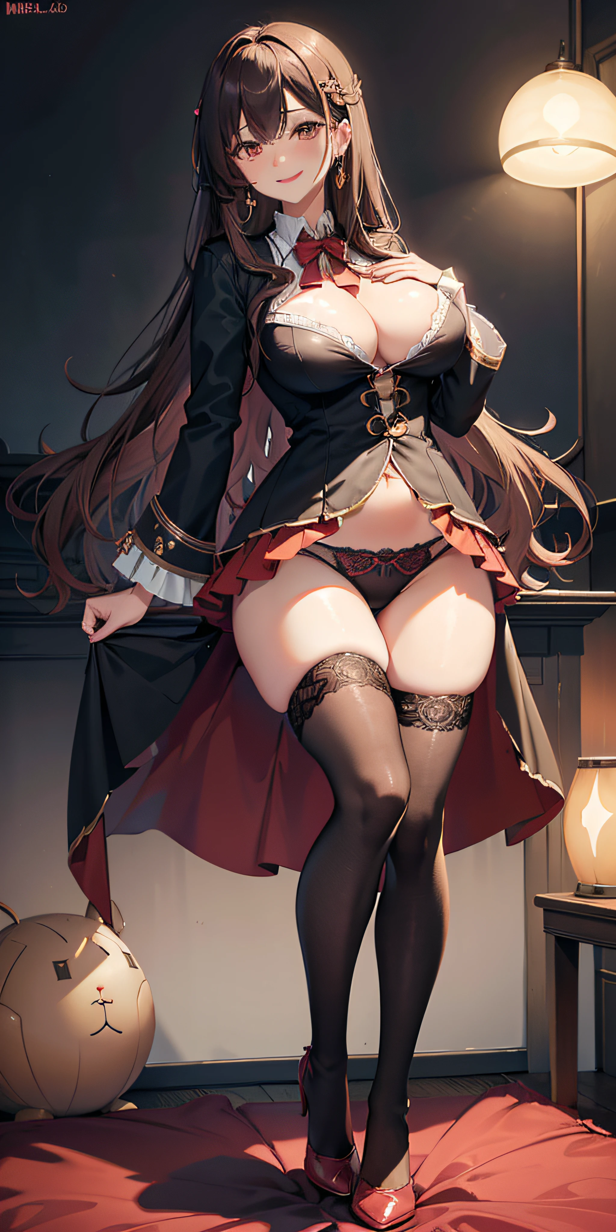 Adult Woman, Wizard Cosplay、long brown hair、waved hair、Brown Eye, lip stick, Smile, masutepiece, hiquality、Sexy lace panties、sexy  pose、medium large breasts、soft boob、Boobs Coordination Pose、Puffy nipple、Black pleated skirt、Red and black jacket、Black knee-high stockings、Sexy buttocks、Red high heels、glowing earrings、Luxurious hair ornaments、