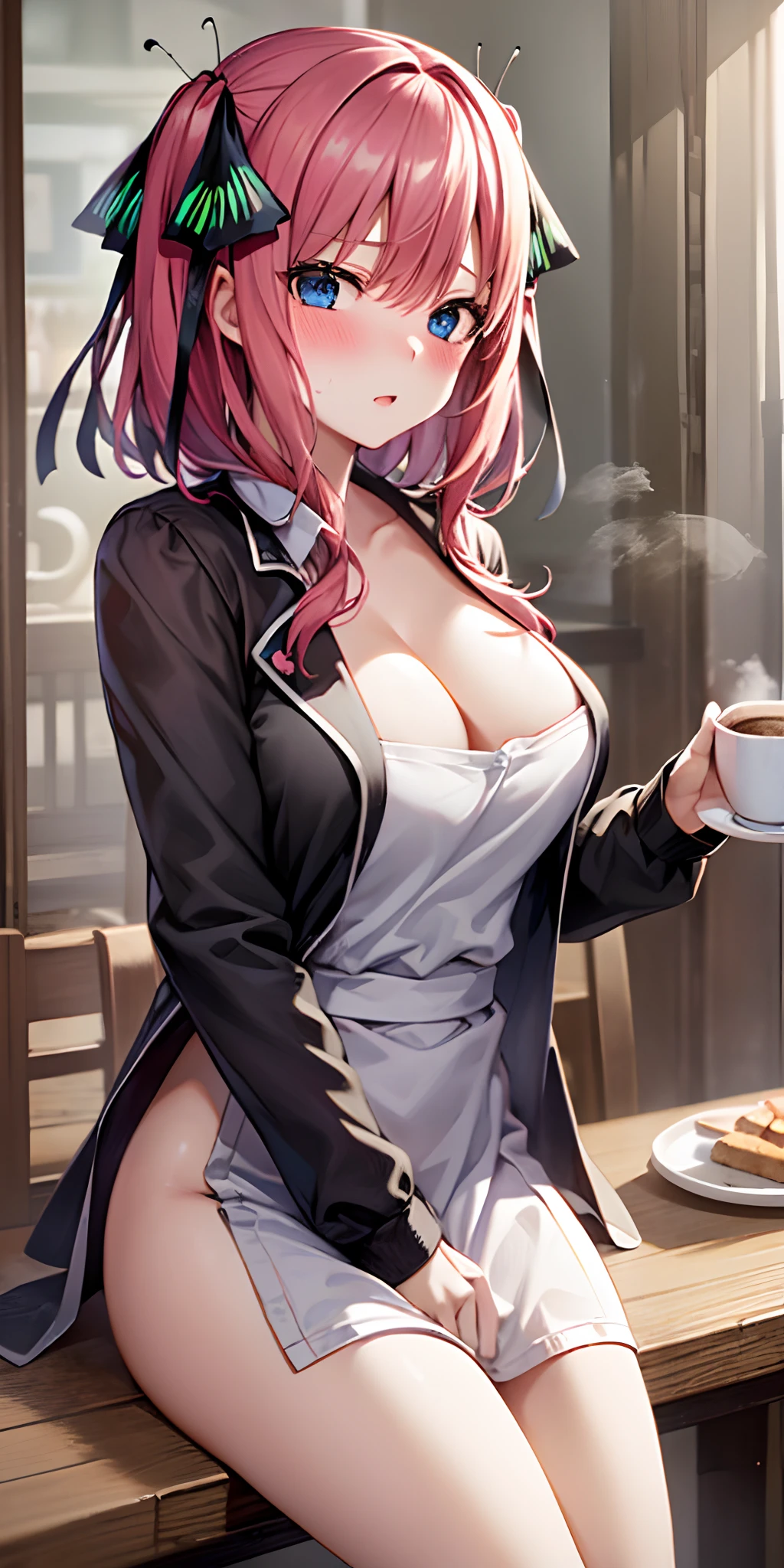 1girl, solo, nakano nino, pink hair, butterfly hair ornament, (naked:1.3), (white apron:1.1), large breasts, cleavage, thighs, cafe background, (blushing:1.3)