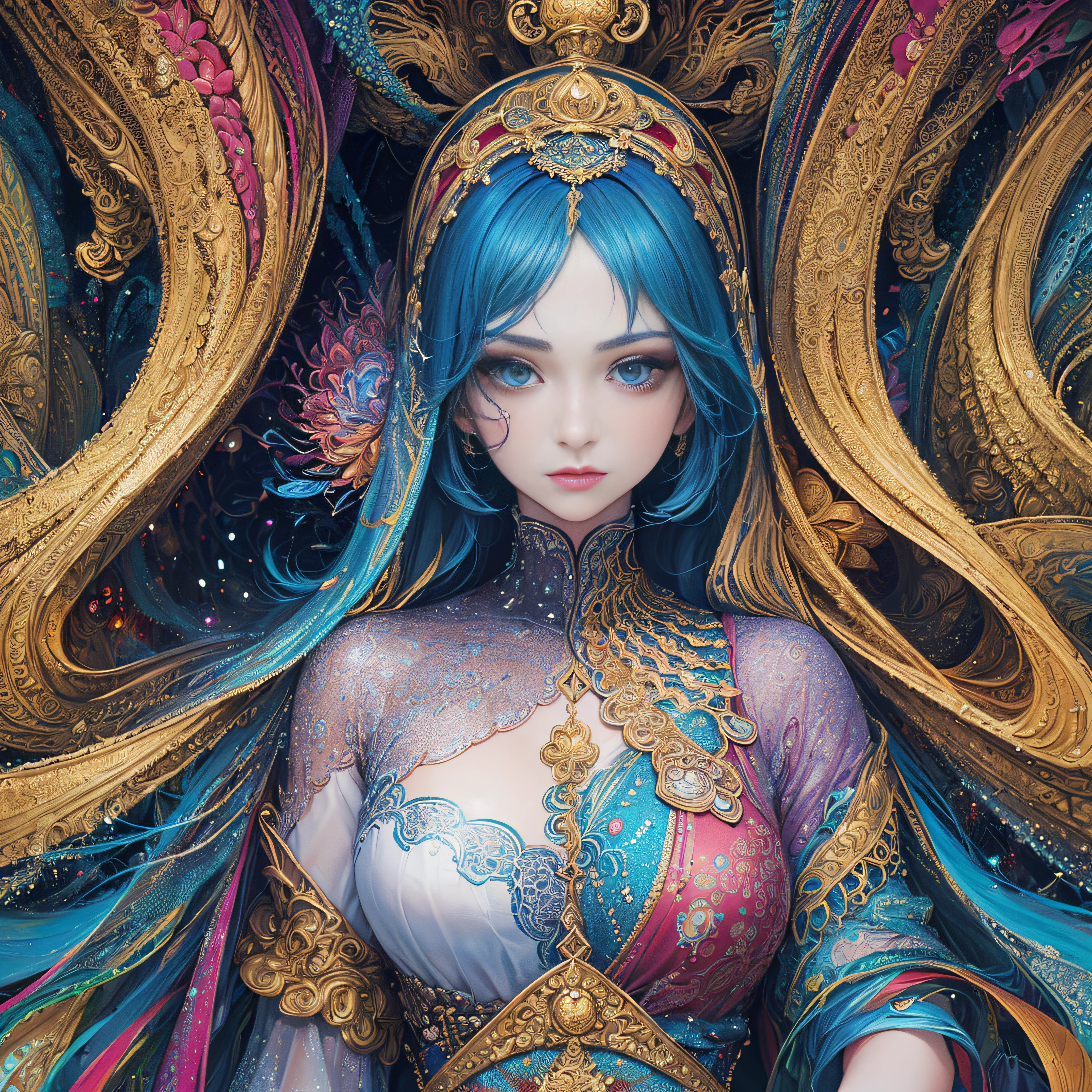 (masterpiece, top quality, best quality, official art, beautiful and aesthetic:1.2), (1girl:1.3), extremely detailed,(fractal art:1.2),colorful,highest detailed,(zentangle:1.2), (dynamic pose), (abstract background:1.5), (treditional dress:1.2), (shiny skin), (many colors:1.4), upper body
