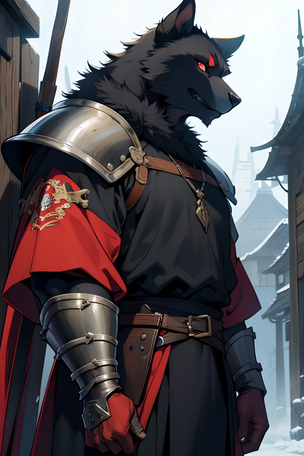 beste-Qualit, tmasterpiece, extra high resolution, Detailed, realisti, 独奏, Horror \(subject\), Dark Fantasy, Depth of field, ember, humanoid, heavy armor, The Face of the Beast, Furry, Security Guard Outfit, Guardian's Attire, Guard, Medieval Guard, Medieval Guard Clothing , spearman, Chaotic Neutral, D&D.