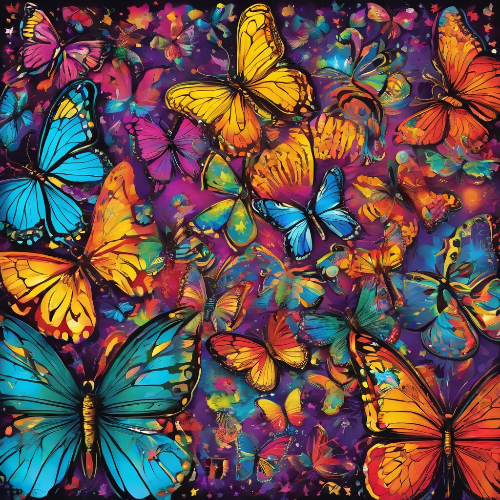 (best quality,highres,ultra-detailed),a butterfly, a kaleidoscope of butterflies, lots of glowing butterflies, butterfly at the middle,vibrant colors,abstract art,diverse textures,playful composition,bright lights,energy flow,harmonious design,transformational patterns,interconnected lines,surreal atmosphere,nature-inspired elements,symmetry,fluid motion,shimmering effects,mysterious depth,mesmerizing optical illusions,visual poetry